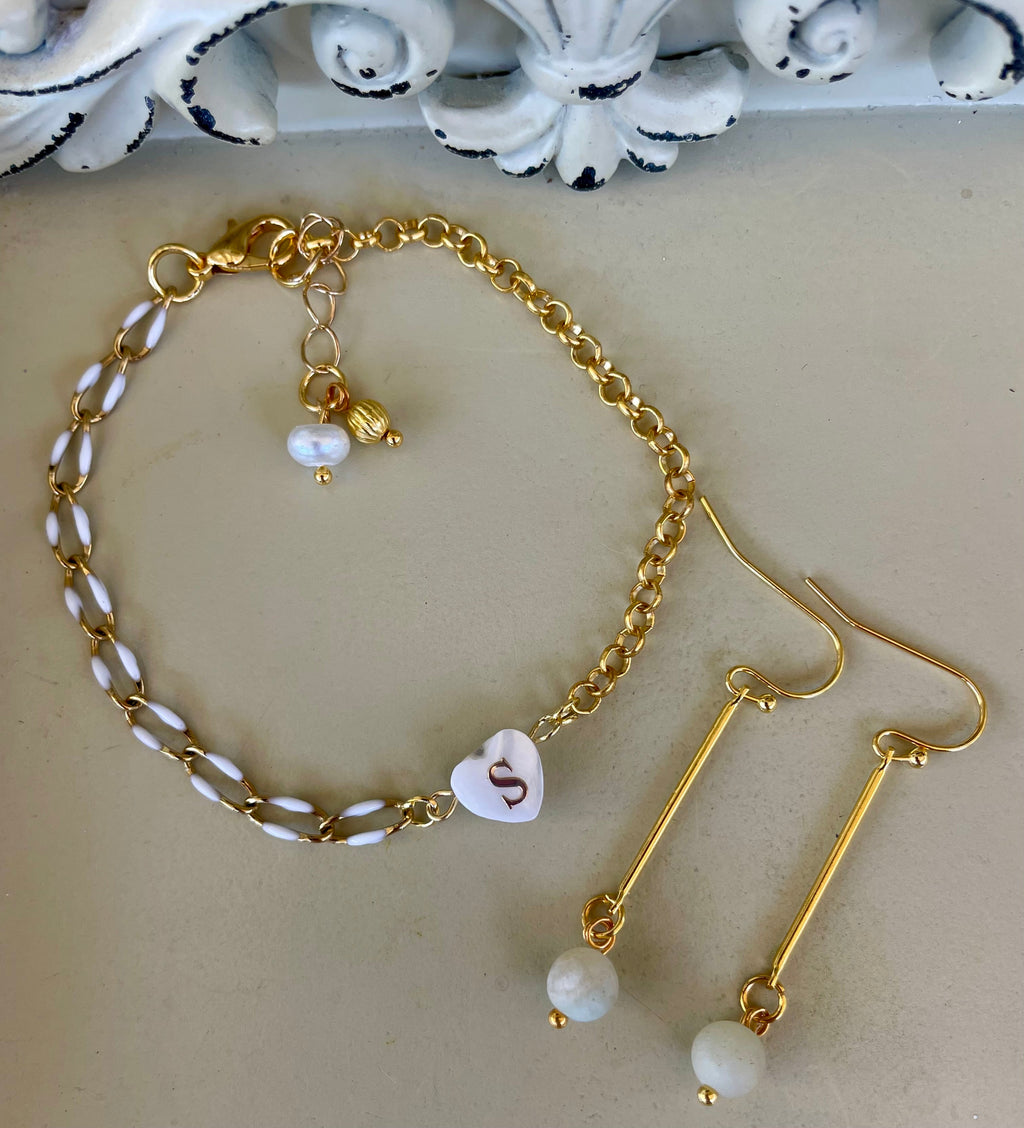 Gold Plated Mix and Match Jewelry Set - White Enamel Paperclip Bracelet with Personalized Heart Initial Charm & Opal Drop Earrings - By Suzie with Sublime Designs - SublimeDesignsBySuzie