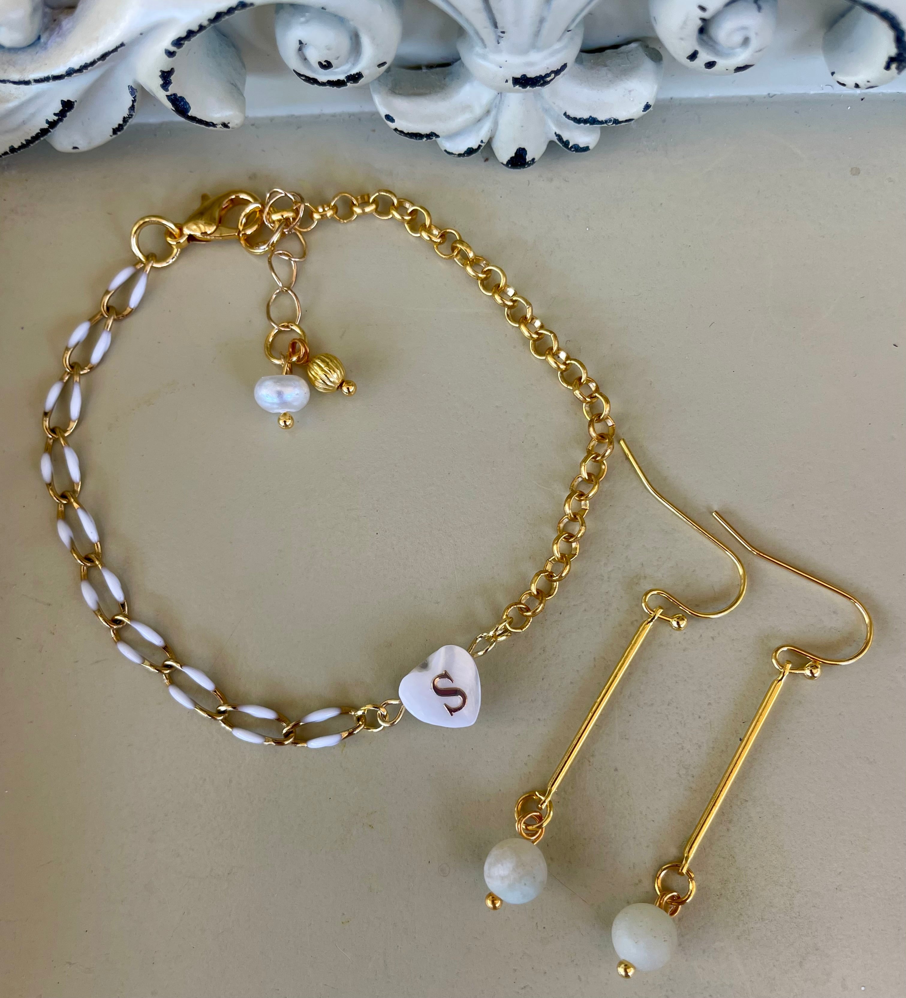 Gold Plated Mix and Match Jewelry Set - White Enamel Paperclip Bracelet with Personalized Heart Initial Charm & Opal Drop Earrings - By Suzie with Sublime Designs - SublimeDesignsBySuzie