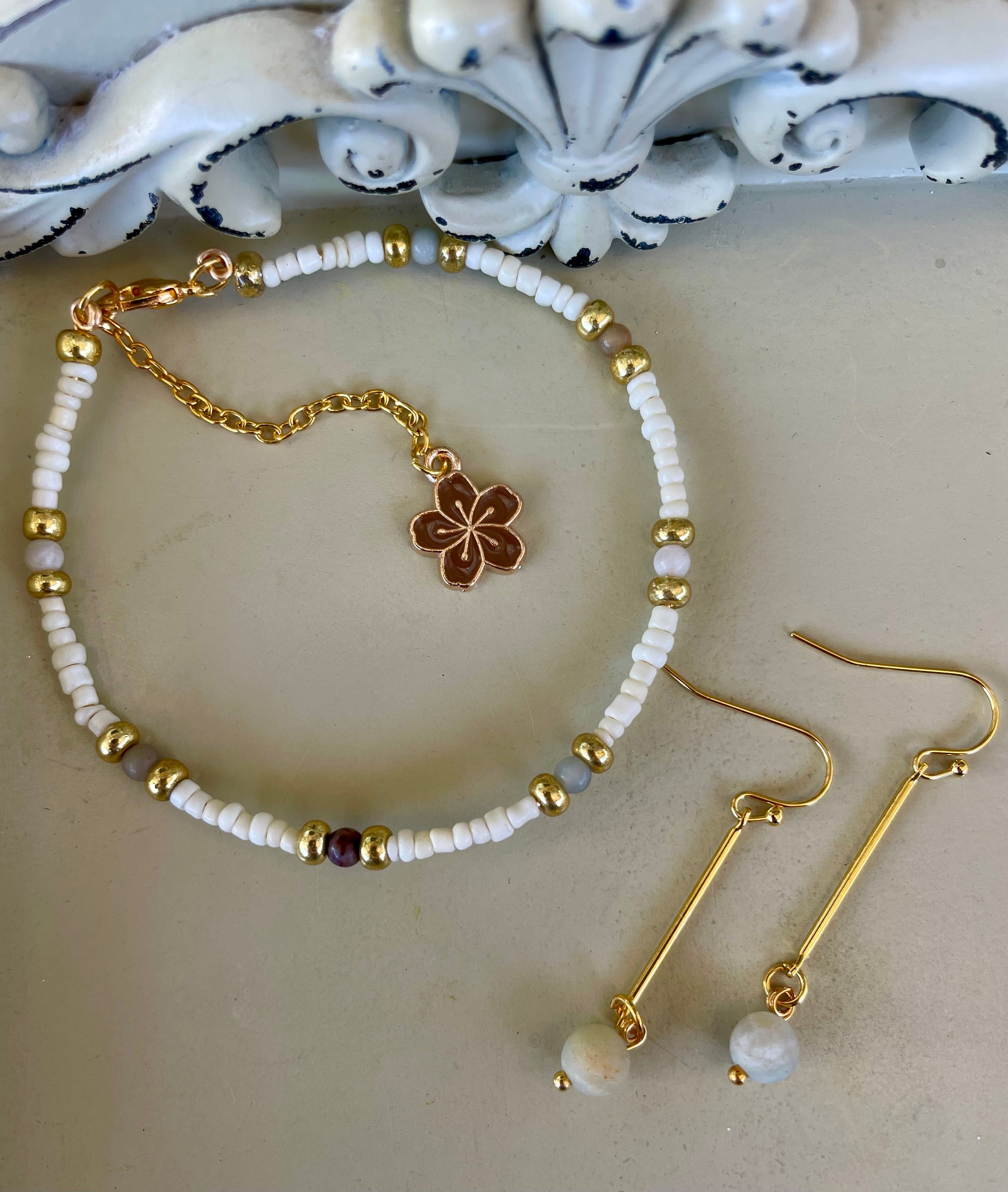 Gold Plated Natural Howlite & Jasper Stone Jewelry Set - Beaded Bracelet with Flower Charm & Pearl Bar Drop Earrings Boho Dainty - By Suzie with Sublime Designs - SublimeDesignsBySuzie