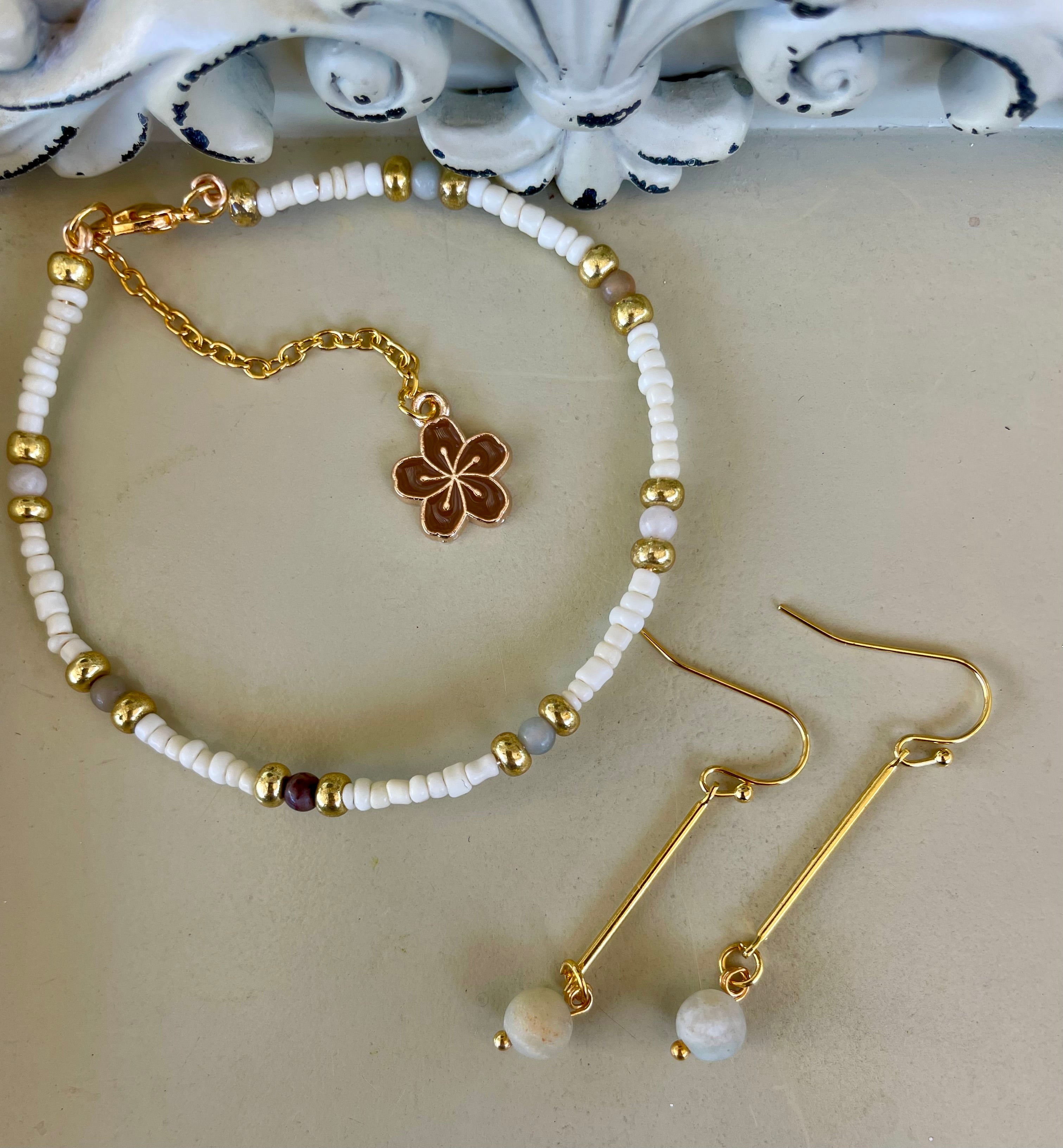 Gold Plated Natural Howlite & Jasper Stone Jewelry Set - Beaded Bracelet with Flower Charm & Pearl Bar Drop Earrings Boho Dainty - By Suzie with Sublime Designs - SublimeDesignsBySuzie