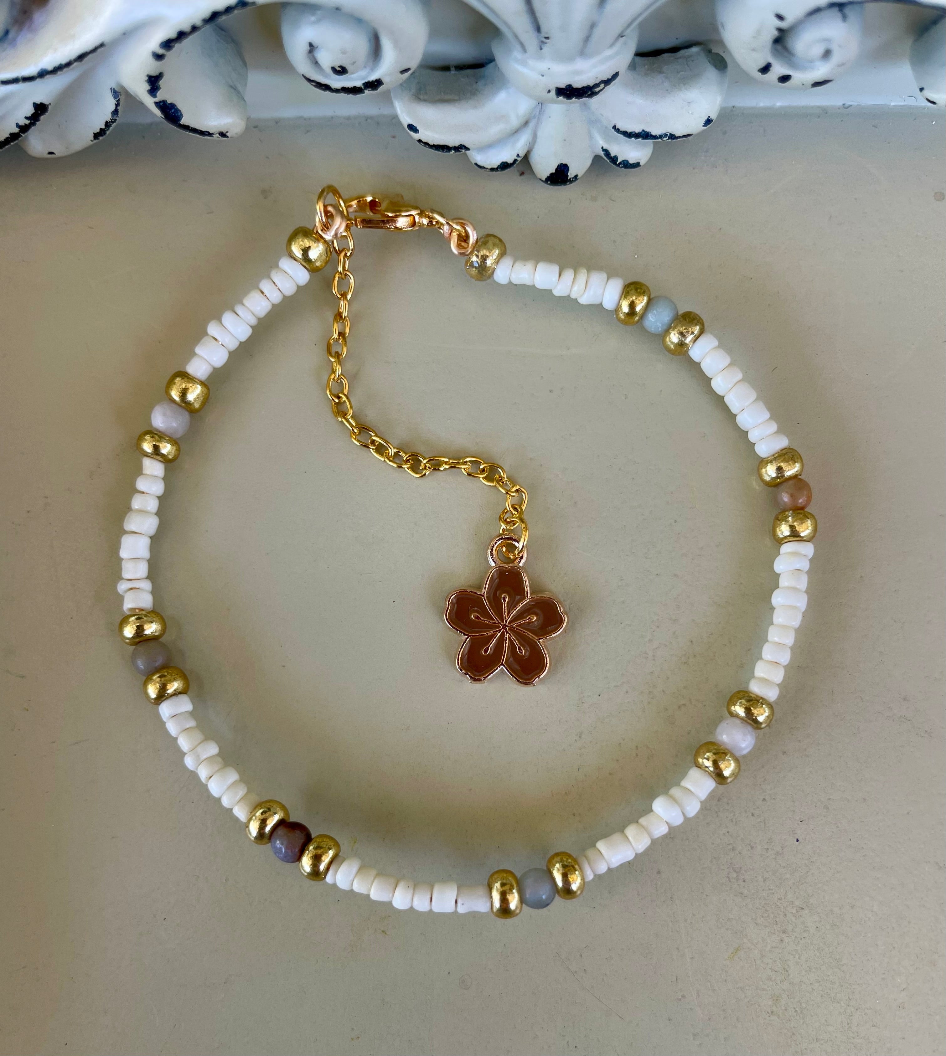 Gold Plated Natural Howlite & Jasper Stone Jewelry Set - Beaded Bracelet with Flower Charm & Pearl Bar Drop Earrings Boho Dainty - By Suzie with Sublime Designs - SublimeDesignsBySuzie