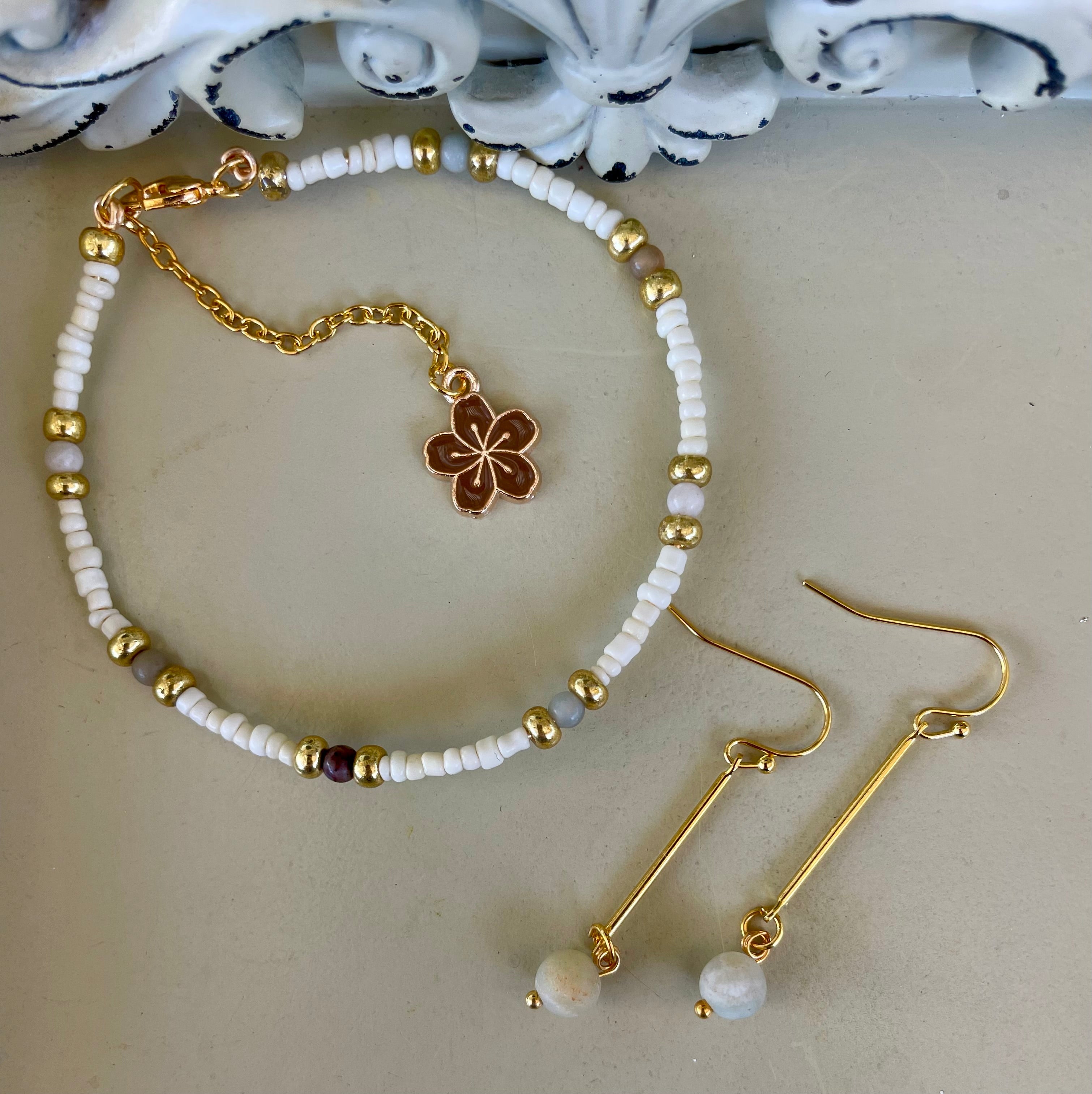 Gold Plated Natural Howlite & Jasper Stone Jewelry Set - Beaded Bracelet with Flower Charm & Pearl Bar Drop Earrings Boho Dainty - By Suzie with Sublime Designs - SublimeDesignsBySuzie