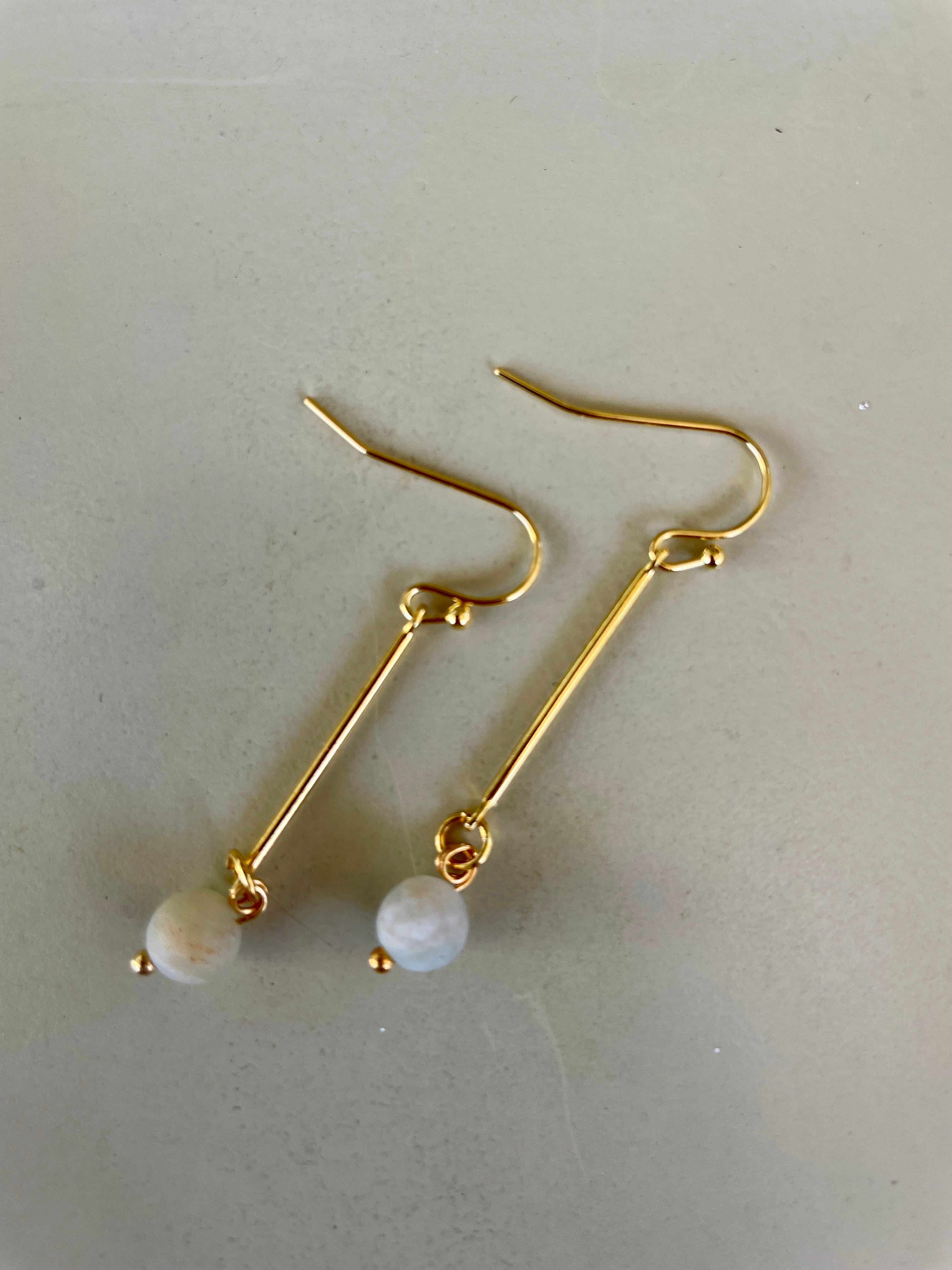 Gold Plated Natural Howlite & Jasper Stone Jewelry Set - Beaded Bracelet with Flower Charm & Pearl Bar Drop Earrings Boho Dainty - By Suzie with Sublime Designs - SublimeDesignsBySuzie