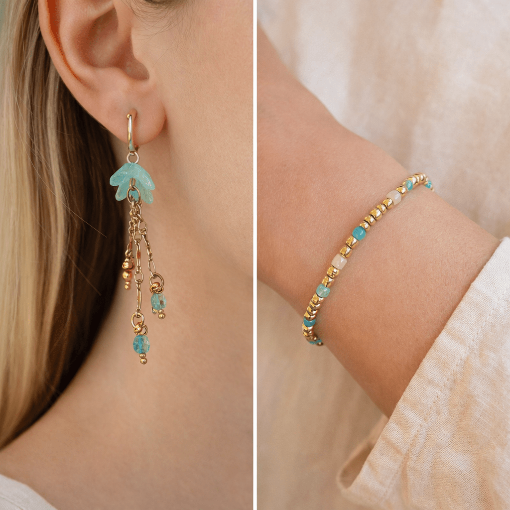 Golden Jellyfish Glow Set – Aqua Bloom Drip Earrings & Ocean Bead Bracelet - SublimeDesignsBySuzie