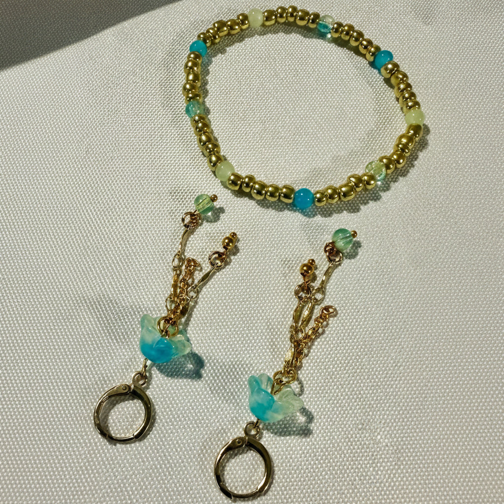 Golden Jellyfish Glow Set – Aqua Bloom Drip Earrings & Ocean Bead Bracelet - SublimeDesignsBySuzie
