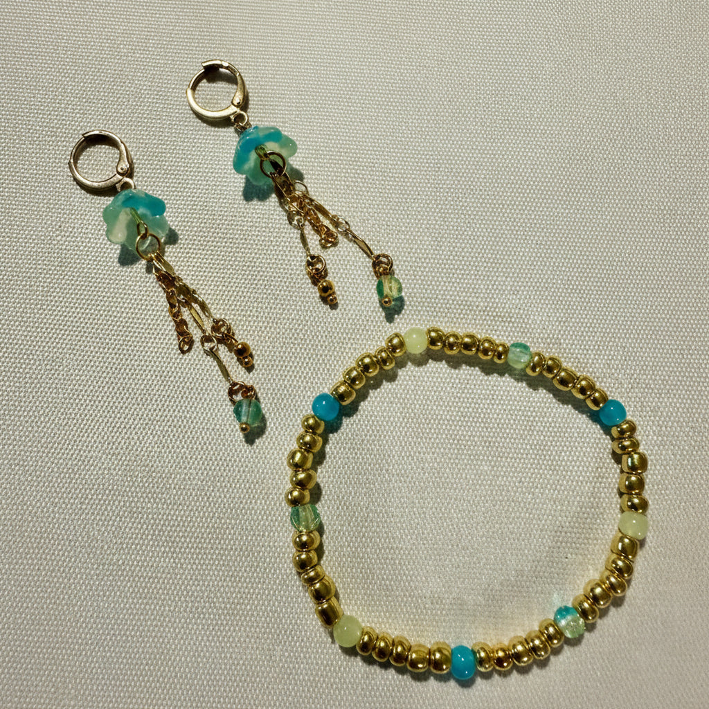 Golden Jellyfish Glow Set – Aqua Bloom Drip Earrings & Ocean Bead Bracelet - SublimeDesignsBySuzie