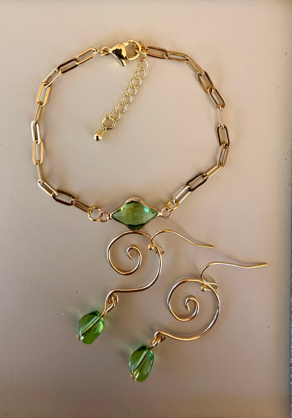 Golden Lime Peridot Swirl Jewelry Sets - Green Crystal Earrings & Paperclip Bracelet by SublimeDesignsBySuzie - SublimeDesignsBySuzie