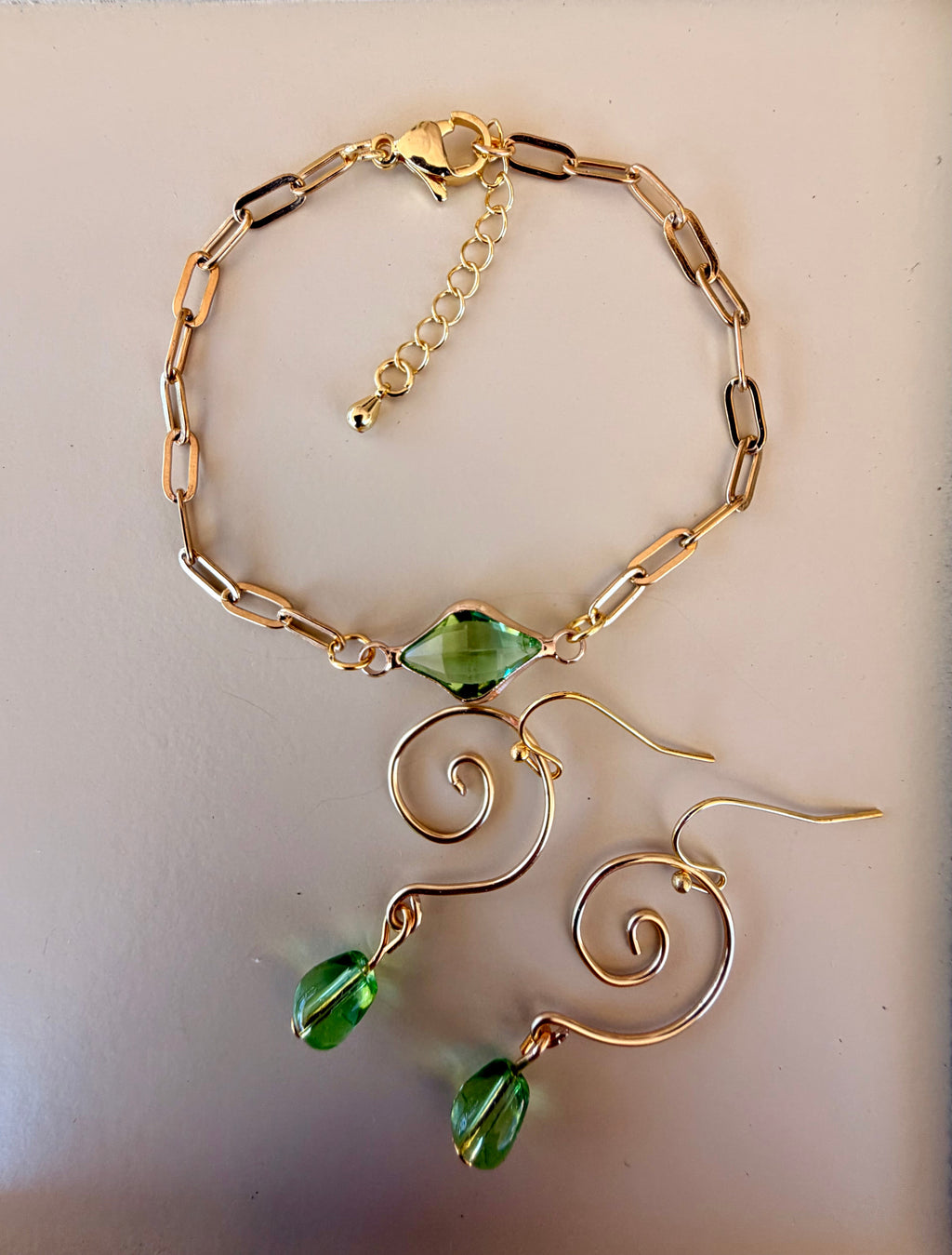 Golden Lime Peridot Swirl Jewelry Sets - Green Crystal Earrings & Paperclip Bracelet by SublimeDesignsBySuzie - SublimeDesignsBySuzie