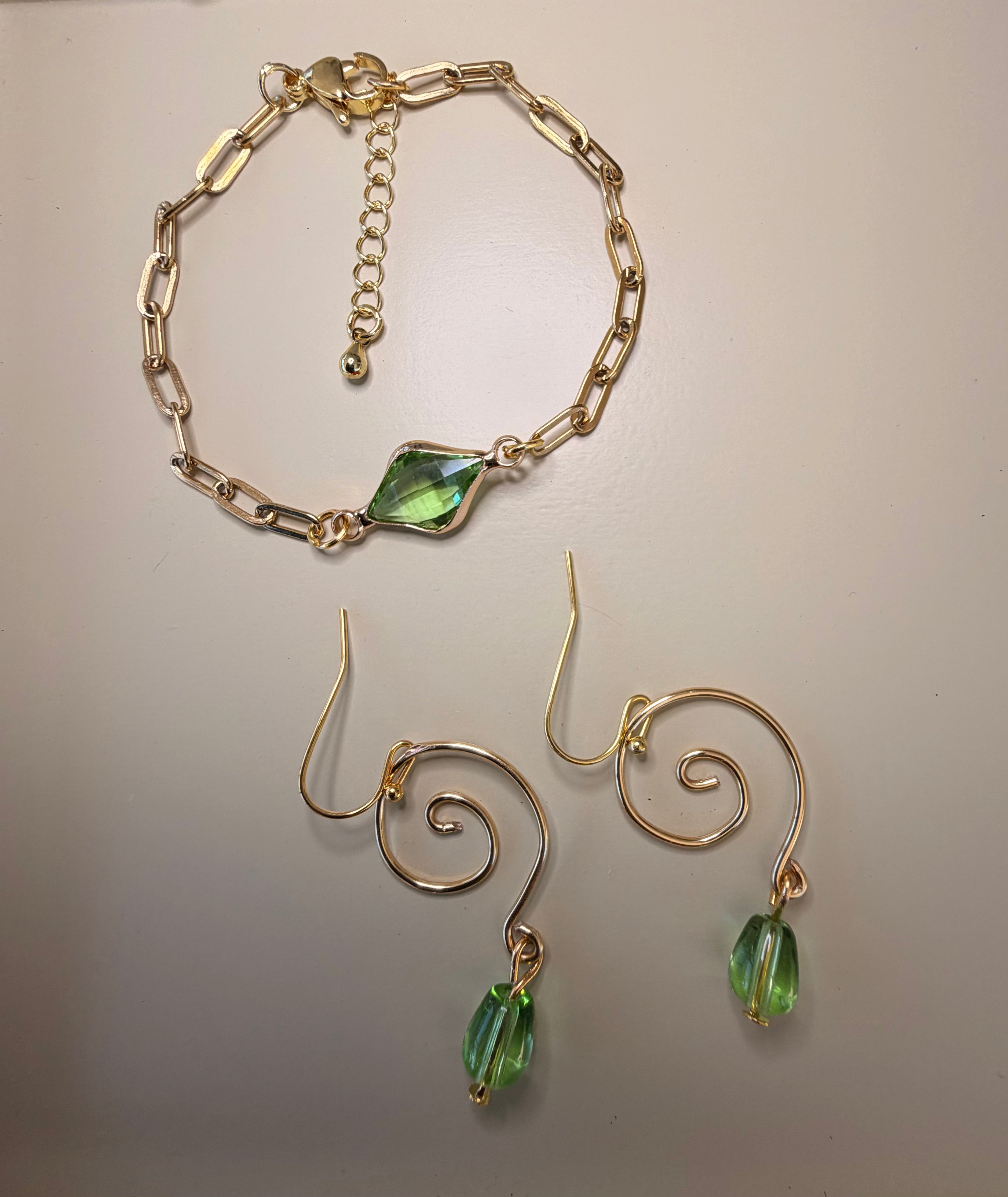 Golden Lime Peridot Swirl Jewelry Sets - Green Crystal Earrings & Paperclip Bracelet by SublimeDesignsBySuzie - SublimeDesignsBySuzie