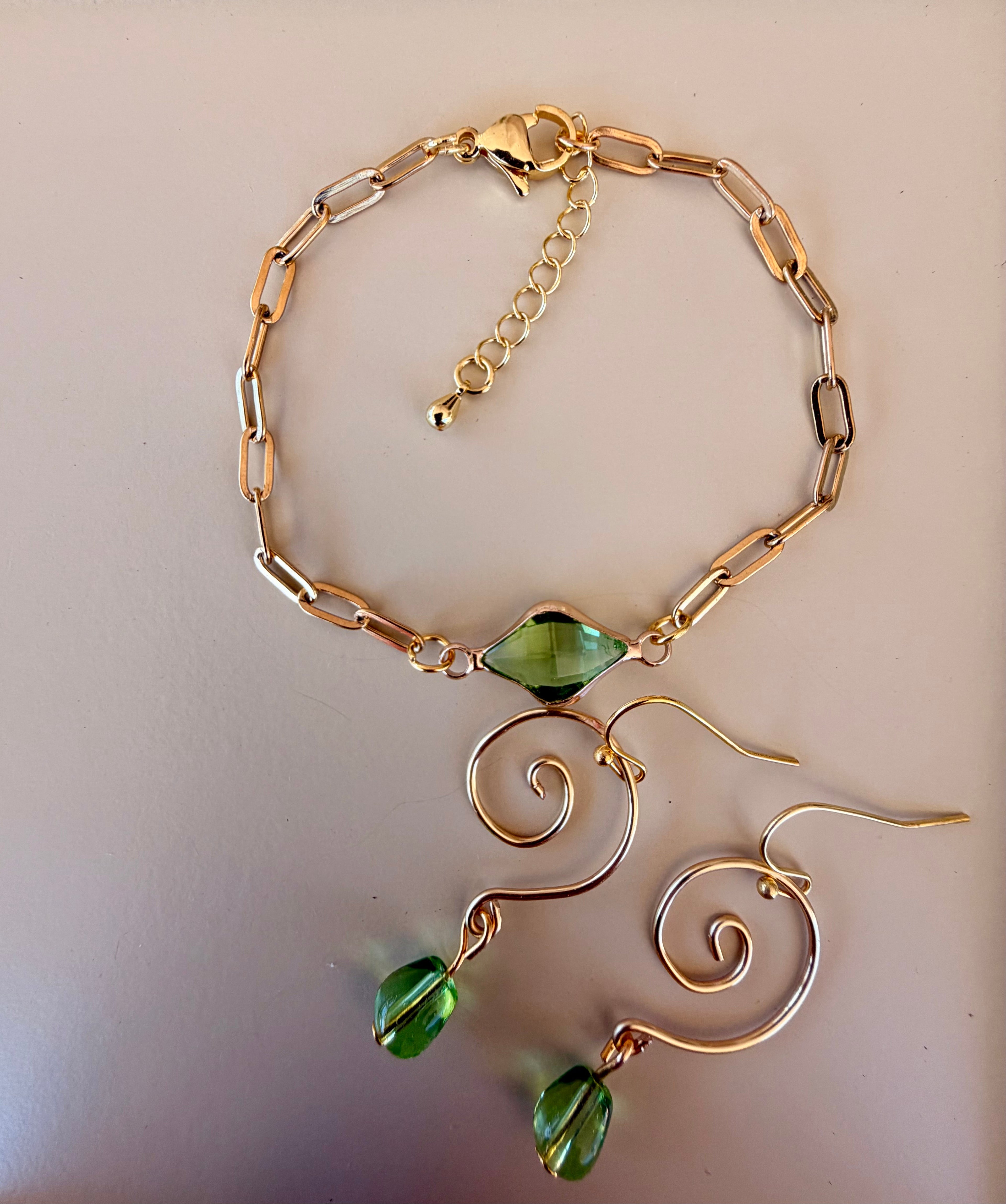 Golden Lime Peridot Swirl Jewelry Sets - Green Crystal Earrings & Paperclip Bracelet by SublimeDesignsBySuzie - SublimeDesignsBySuzie