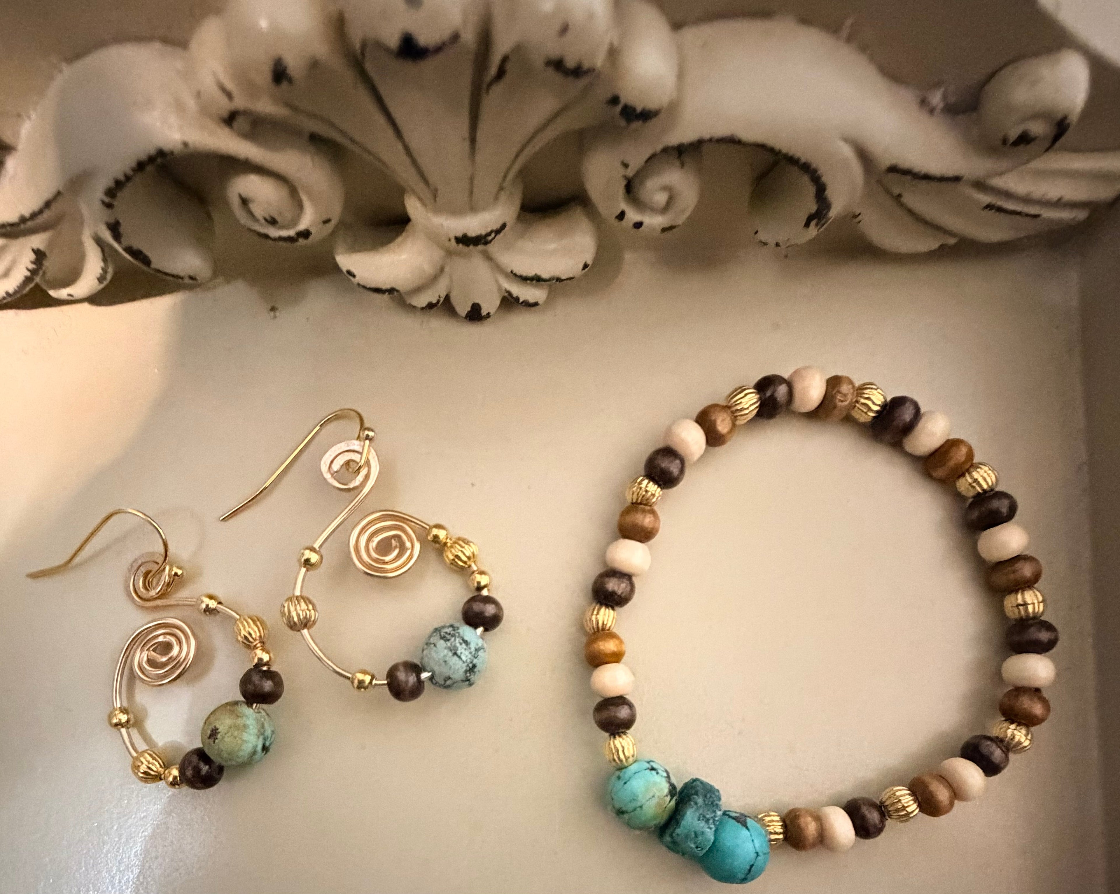 Handmade Boho Natural Turquoise Beaded Bracelet & Gold Drop Earrings Set - Boho Earthy Jewelry - by SublimeDesignsBySuzie - SublimeDesignsBySuzie