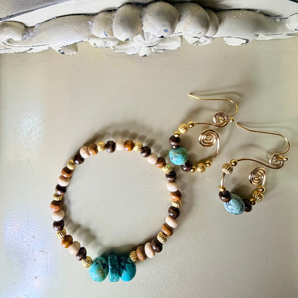 Handmade Boho Natural Turquoise Beaded Bracelet & Gold Drop Earrings Set - Boho Earthy Jewelry - by SublimeDesignsBySuzie - SublimeDesignsBySuzie