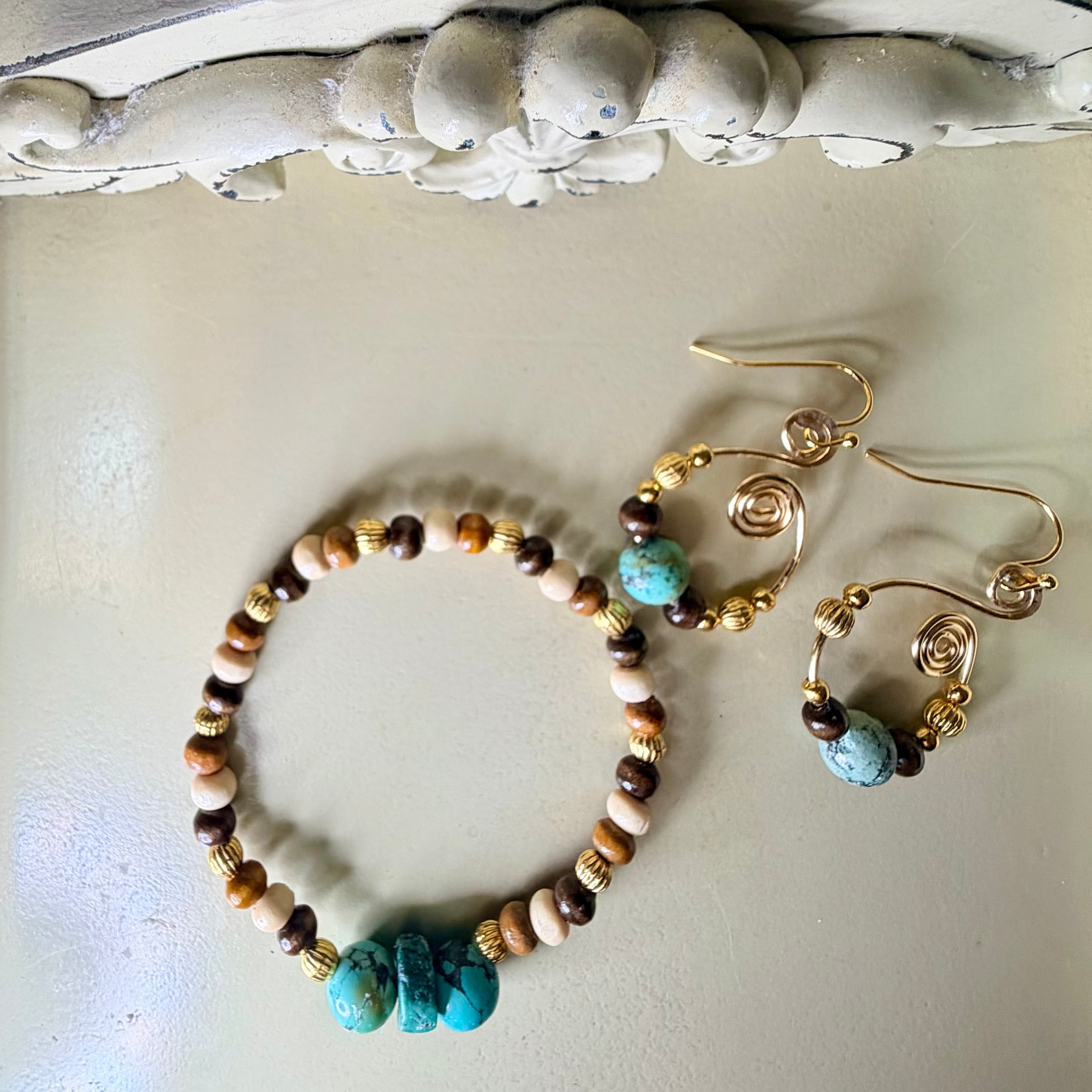 Handmade Boho Natural Turquoise Beaded Bracelet & Gold Drop Earrings Set - Boho Earthy Jewelry - by SublimeDesignsBySuzie - SublimeDesignsBySuzie