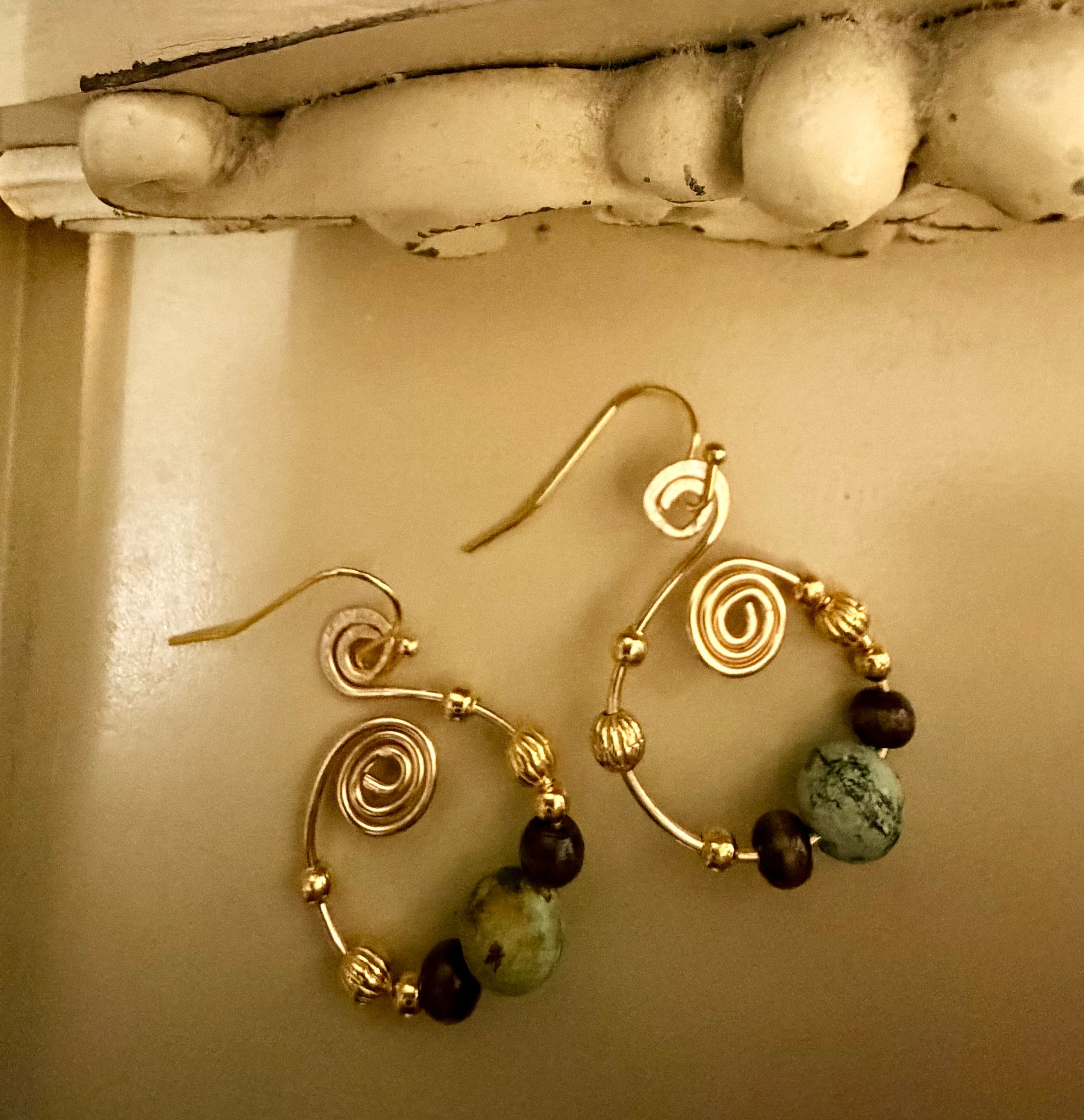 Handmade Boho Natural Turquoise Beaded Bracelet & Gold Drop Earrings Set - Boho Earthy Jewelry - by SublimeDesignsBySuzie - SublimeDesignsBySuzie
