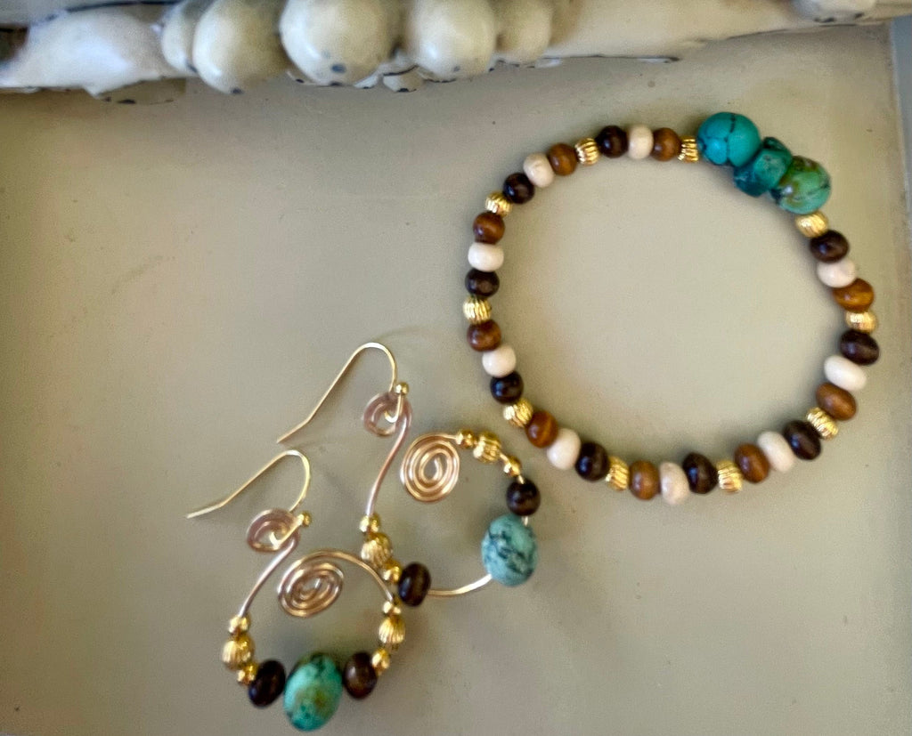 Handmade Boho Natural Turquoise Beaded Bracelet & Gold Drop Earrings Set - Boho Earthy Jewelry - by SublimeDesignsBySuzie - SublimeDesignsBySuzie