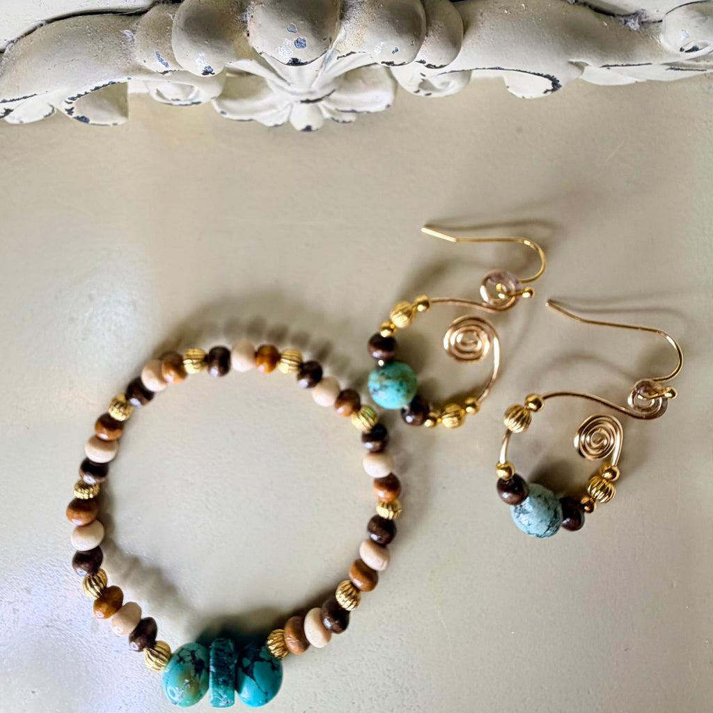 Handmade Boho Natural Turquoise Beaded Bracelet & Gold Drop Earrings Set - Boho Earthy Jewelry - by SublimeDesignsBySuzie - SublimeDesignsBySuzie