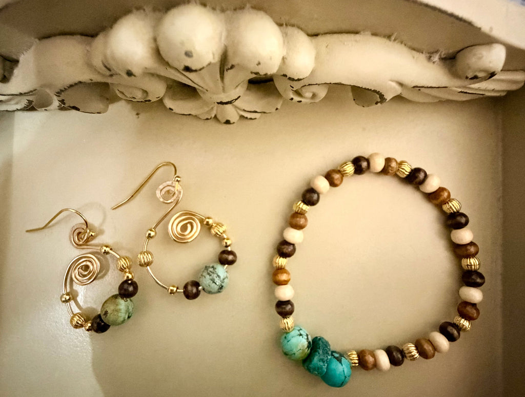 Handmade Boho Natural Turquoise Beaded Bracelet & Gold Drop Earrings Set - Boho Earthy Jewelry - by SublimeDesignsBySuzie - SublimeDesignsBySuzie