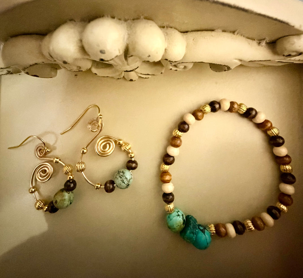 Handmade Boho Natural Turquoise Beaded Bracelet & Gold Drop Earrings Set - Boho Earthy Jewelry - by SublimeDesignsBySuzie - SublimeDesignsBySuzie