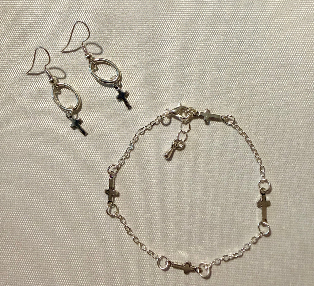 Heavenly Drip Cross Set – Silver Faith Drop Christian Earrings & Dainty Cross Bracelet - SublimeDesignsBySuzie