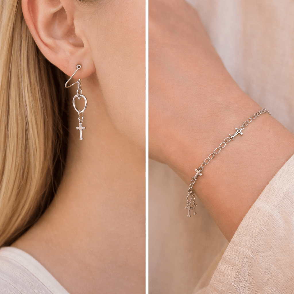 Heavenly Drip Cross Set – Silver Faith Drop Christian Earrings & Dainty Cross Bracelet - SublimeDesignsBySuzie