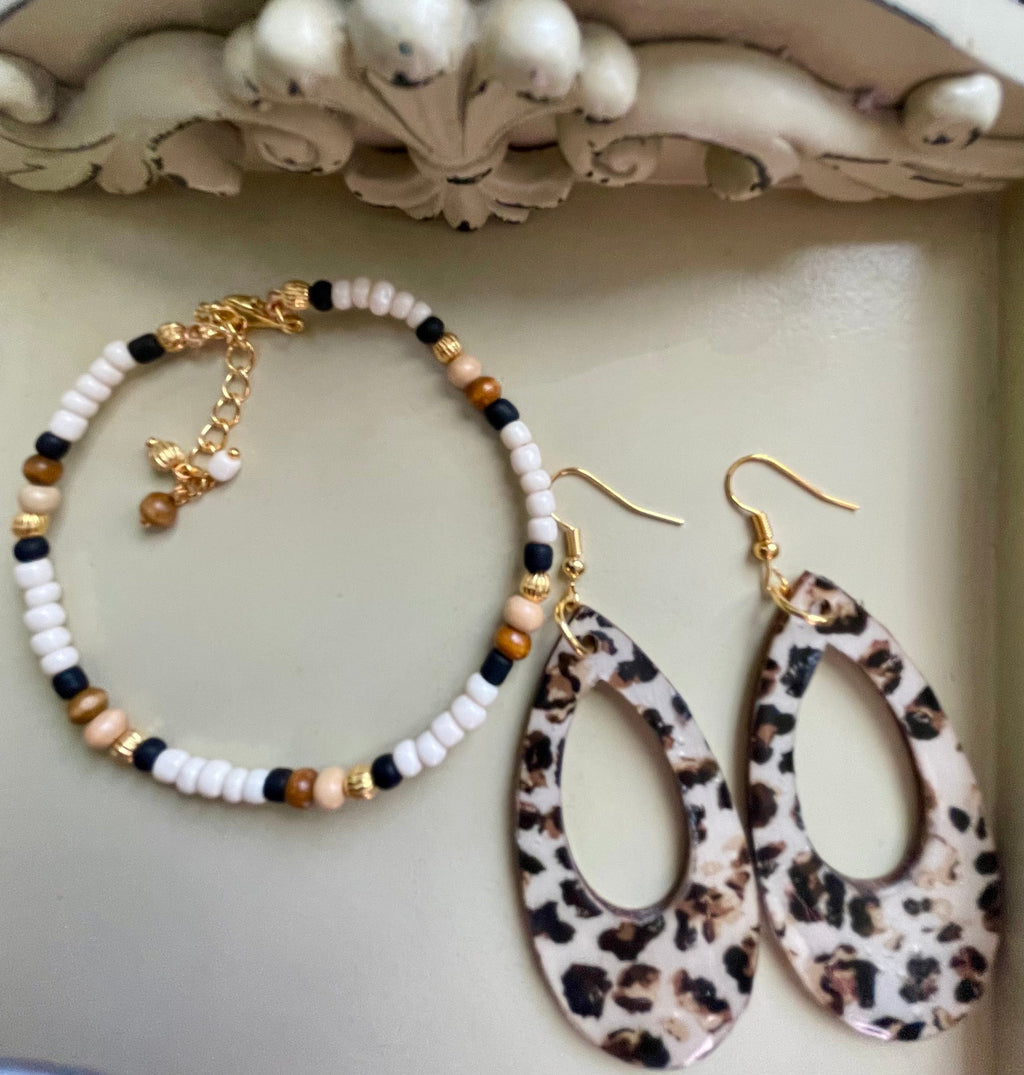 Leopard Print Teardrop Earrings & Neutral Beaded Bracelet Set – Gold Plated Black White Tan Boho Animal Print Jewelry Handmade Gift for Women by Suzie with Sublime Designs - SublimeDesignsBySuzie