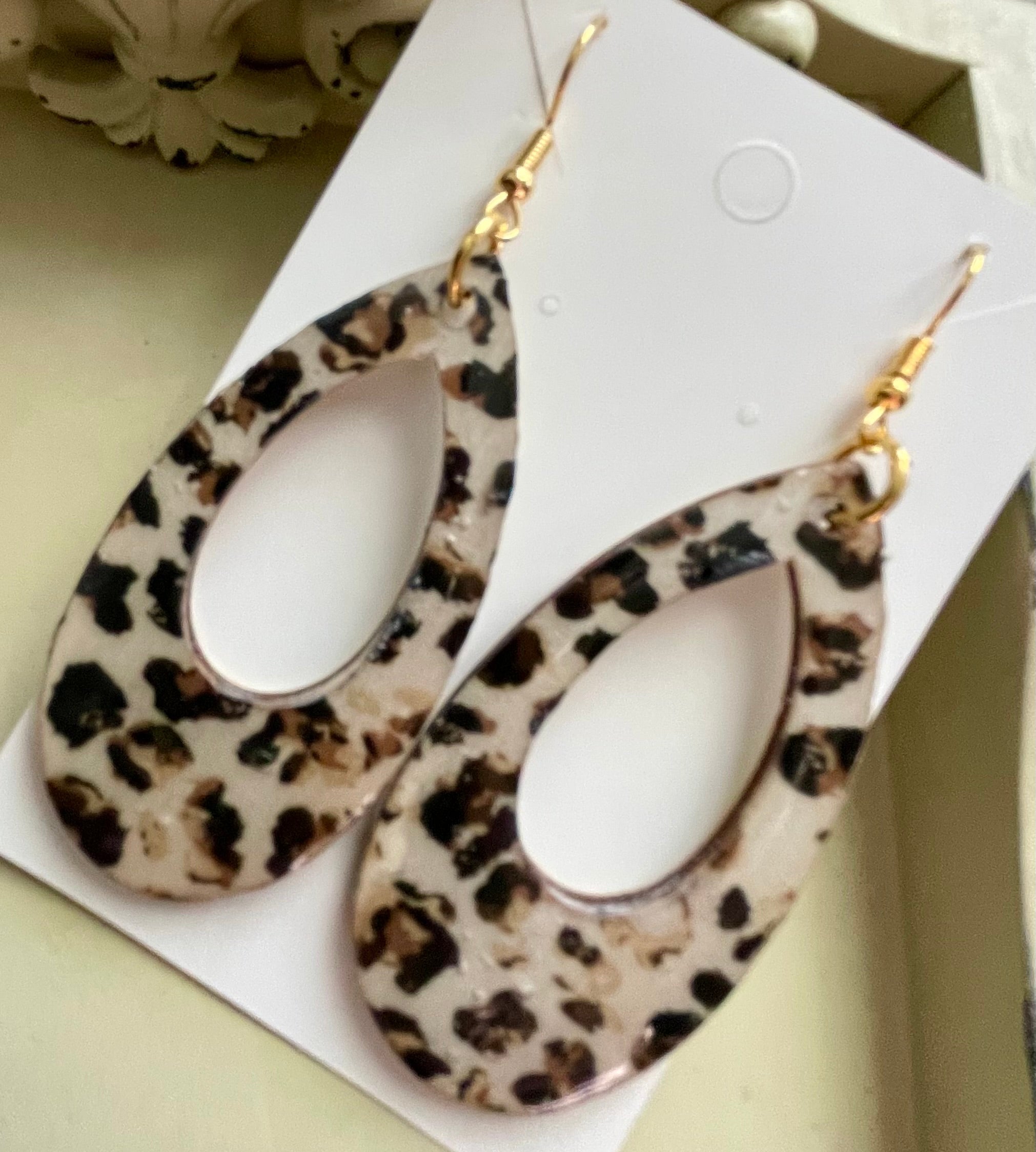 Leopard Print Teardrop Earrings & Neutral Beaded Bracelet Set – Gold Plated Black White Tan Boho Animal Print Jewelry Handmade Gift for Women by Suzie with Sublime Designs - SublimeDesignsBySuzie
