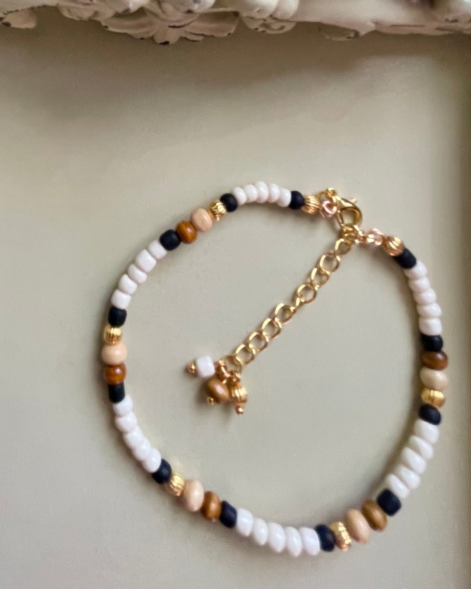 Leopard Print Teardrop Earrings & Neutral Beaded Bracelet Set – Gold Plated Black White Tan Boho Animal Print Jewelry Handmade Gift for Women by Suzie with Sublime Designs - SublimeDesignsBySuzie