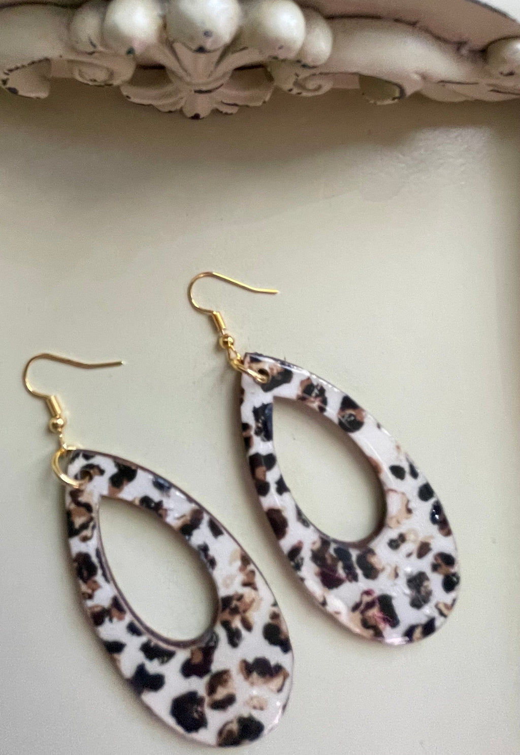 Leopard Print Teardrop Earrings & Neutral Beaded Bracelet Set – Gold Plated Black White Tan Boho Animal Print Jewelry Handmade Gift for Women by Suzie with Sublime Designs - SublimeDesignsBySuzie