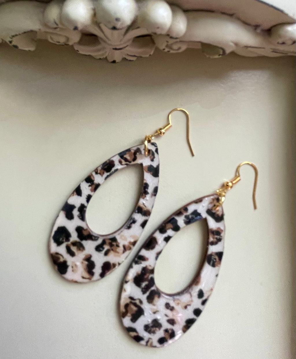 Leopard Print Teardrop Earrings & Neutral Beaded Bracelet Set – Gold Plated Black White Tan Boho Animal Print Jewelry Handmade Gift for Women by Suzie with Sublime Designs - SublimeDesignsBySuzie