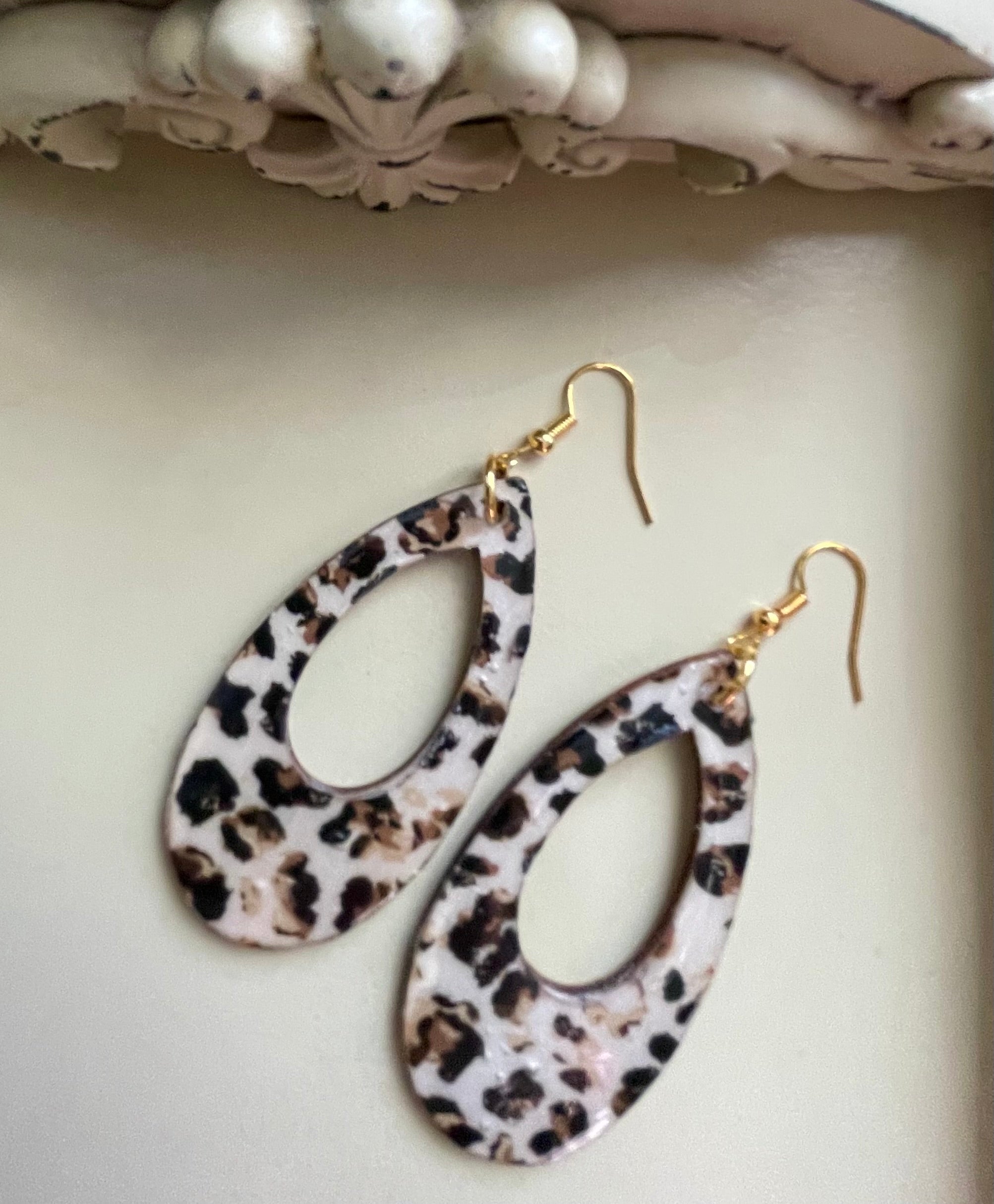 Leopard Print Teardrop Earrings & Neutral Beaded Bracelet Set – Gold Plated Black White Tan Boho Animal Print Jewelry Handmade Gift for Women by Suzie with Sublime Designs - SublimeDesignsBySuzie