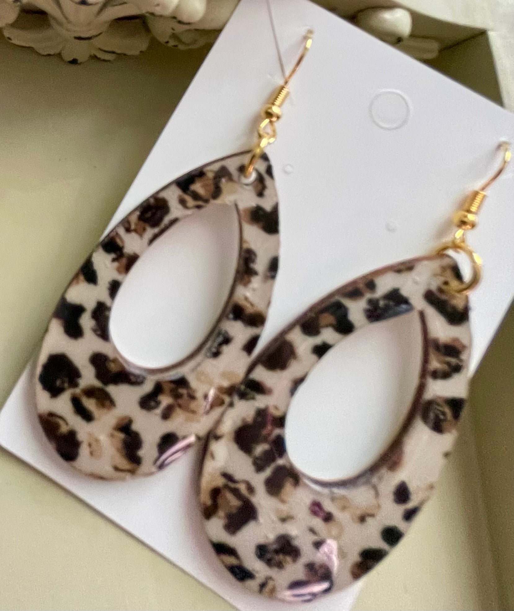 Leopard Print Teardrop Earrings & Neutral Beaded Bracelet Set – Gold Plated Black White Tan Boho Animal Print Jewelry Handmade Gift for Women by Suzie with Sublime Designs - SublimeDesignsBySuzie