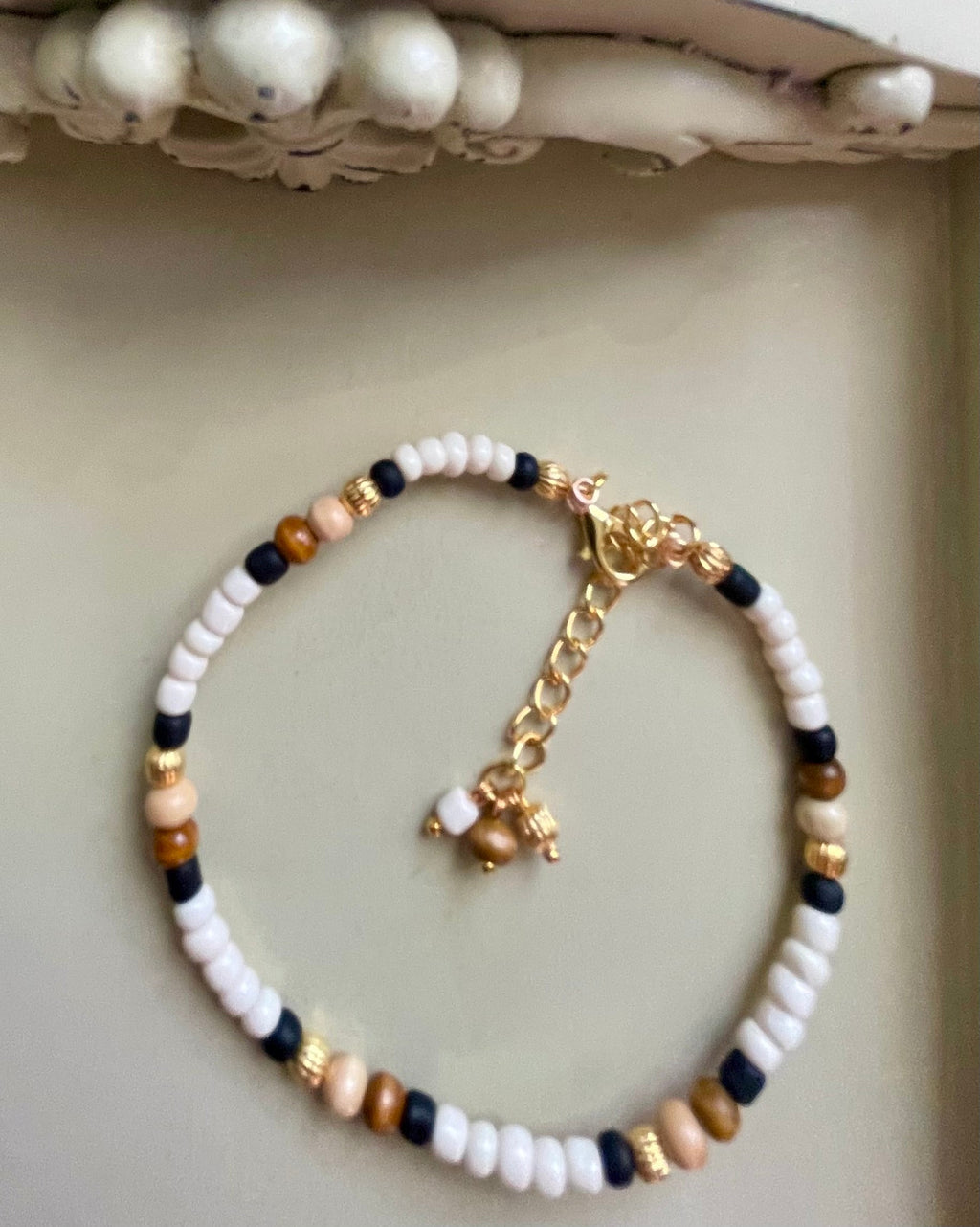 Leopard Print Teardrop Earrings & Neutral Beaded Bracelet Set – Gold Plated Black White Tan Boho Animal Print Jewelry Handmade Gift for Women by Suzie with Sublime Designs - SublimeDesignsBySuzie