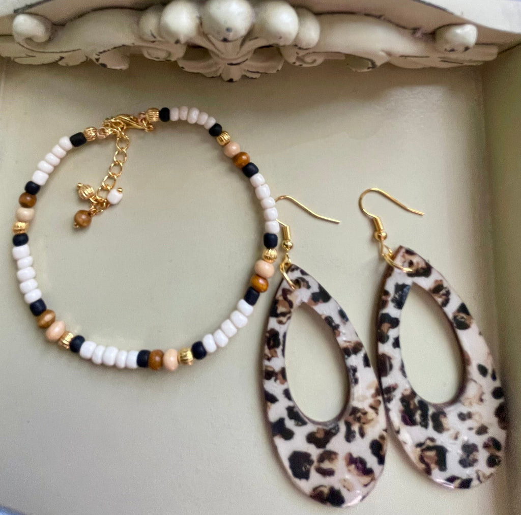 Leopard Print Teardrop Earrings & Neutral Beaded Bracelet Set – Gold Plated Black White Tan Boho Animal Print Jewelry Handmade Gift for Women by Suzie with Sublime Designs - SublimeDesignsBySuzie