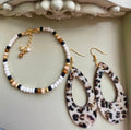 Leopard Print Teardrop Earrings & Neutral Beaded Bracelet Set – Gold Plated Black White Tan Boho Animal Print Jewelry Handmade Gift for Women by Suzie with Sublime Designs - SublimeDesignsBySuzie