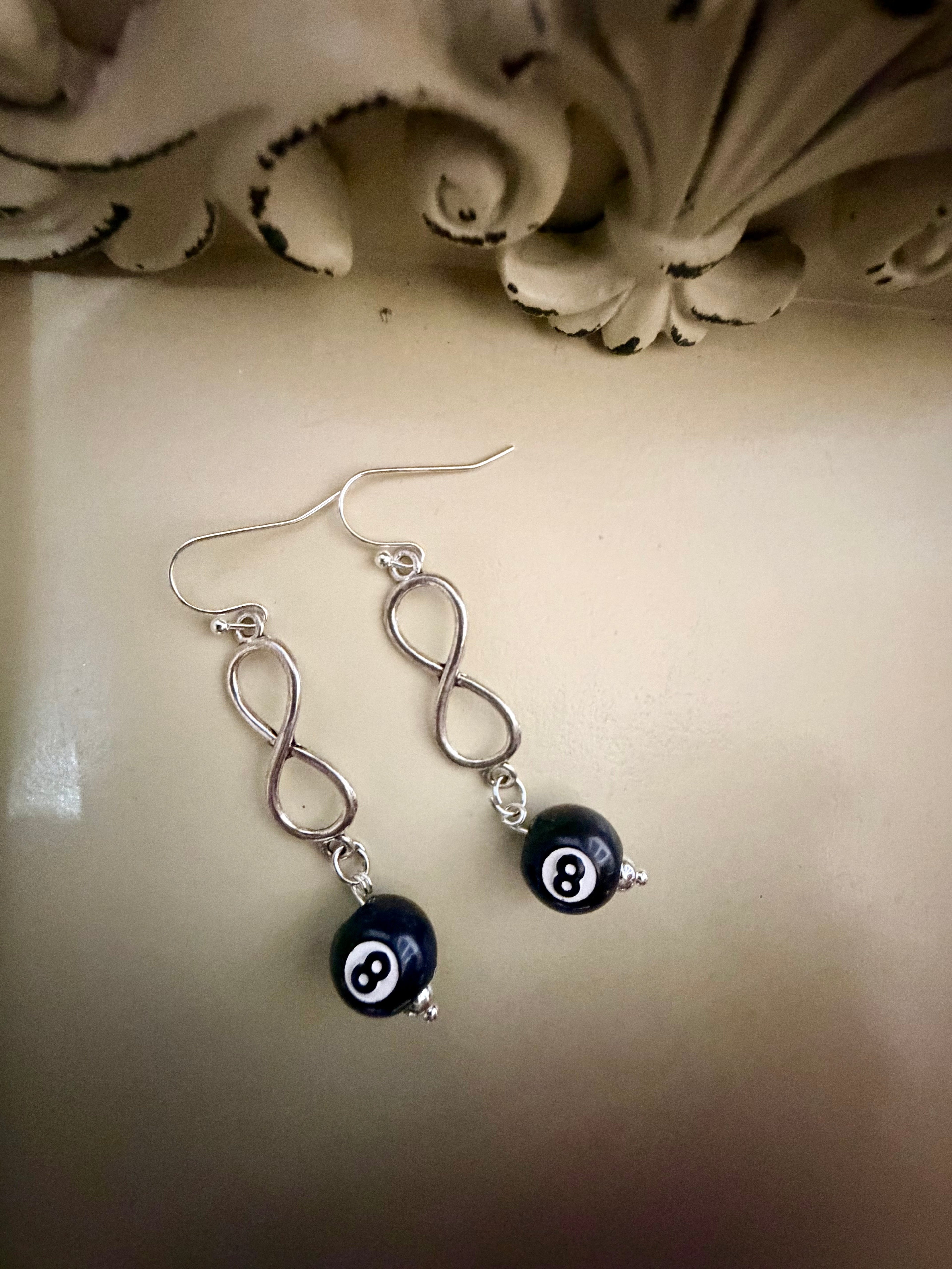 Lucky 8 Ball Infinity Silver Plated Earrings by Suzie with Sublime Designs in Palm Coast - SublimeDesignsBySuzie