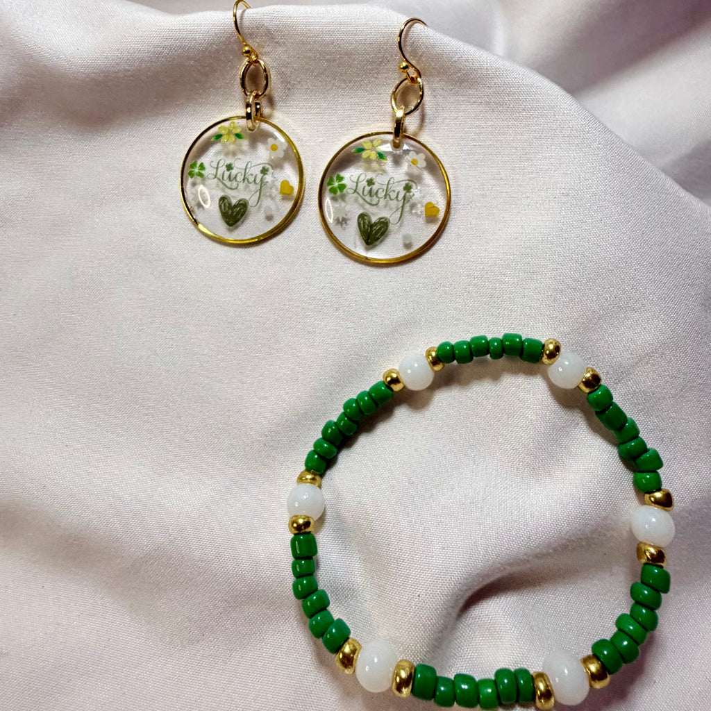 Lucky Clover Resin Earrings & Bracelet Set - Shamrock “Lucky” Disc Drops, Green White Beads + Free Stretch Ring St Patrick’s Day by SublimeDesignsBySuzie in Ormond Beach - SublimeDesignsBySuzie