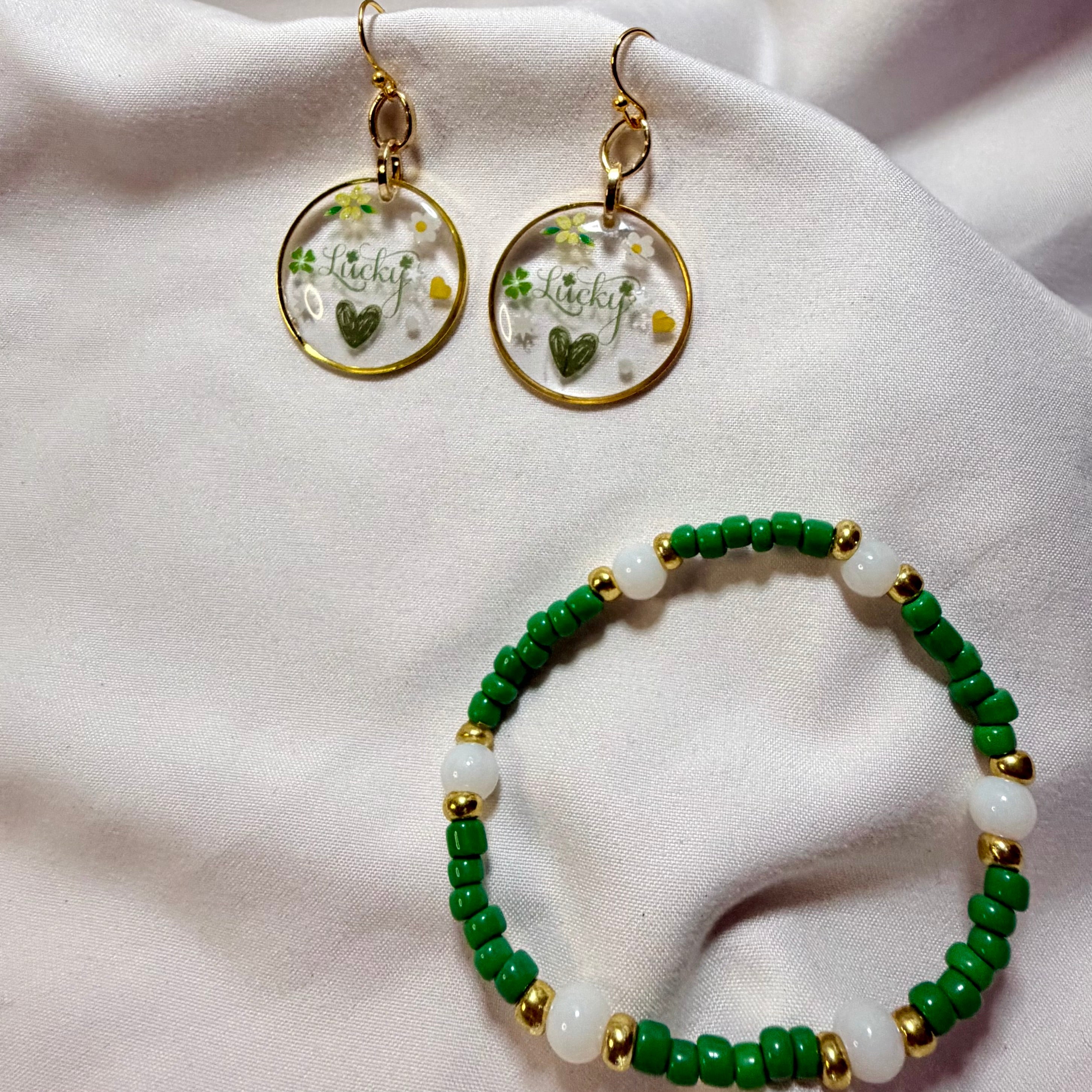 Lucky Clover Resin Earrings & Bracelet Set - Shamrock “Lucky” Disc Drops, Green White Beads + Free Stretch Ring St Patrick’s Day by SublimeDesignsBySuzie in Ormond Beach - SublimeDesignsBySuzie