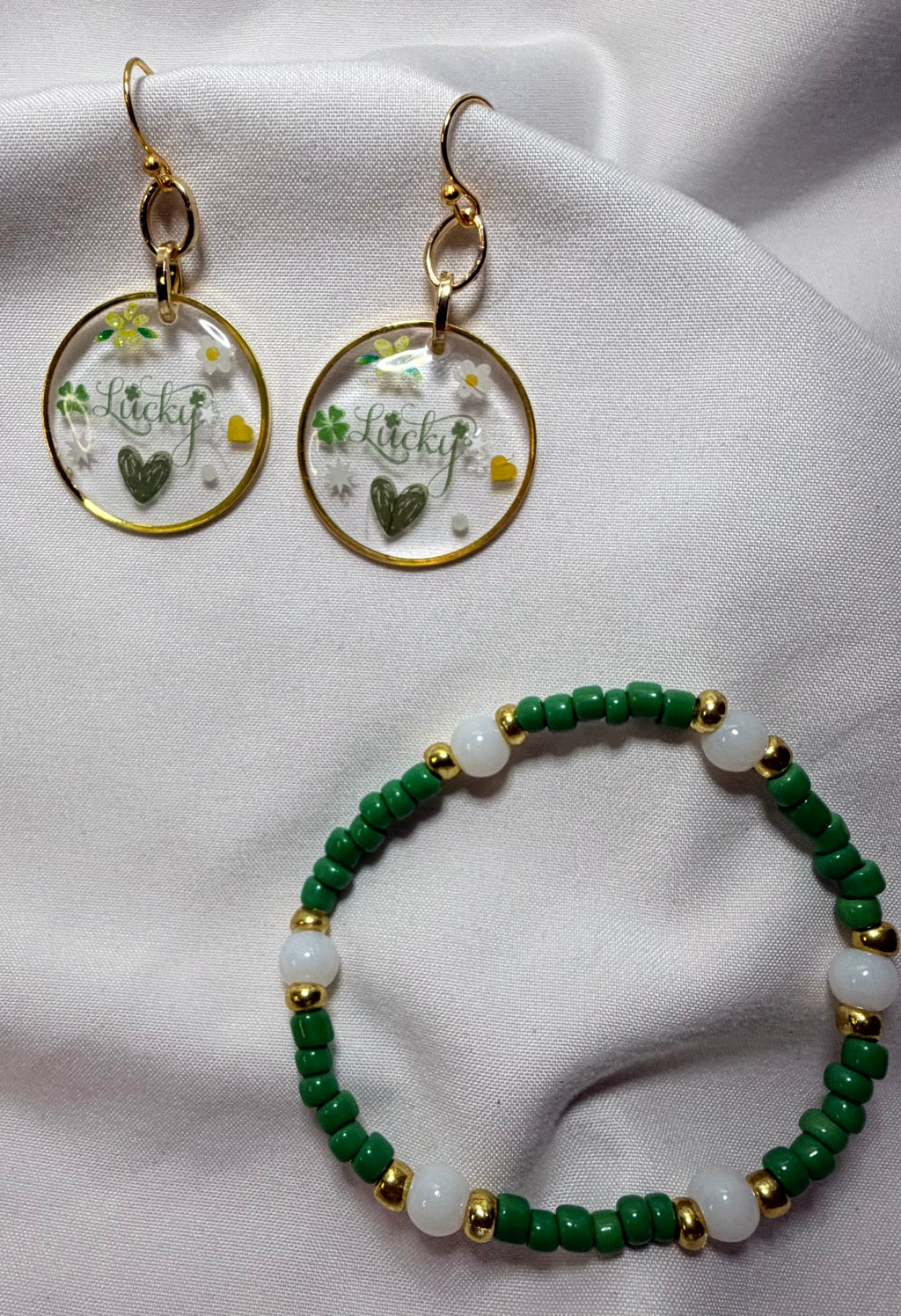 Lucky Clover Resin Earrings & Bracelet Set - Shamrock “Lucky” Disc Drops, Green White Beads + Free Stretch Ring St Patrick’s Day by SublimeDesignsBySuzie in Ormond Beach - SublimeDesignsBySuzie