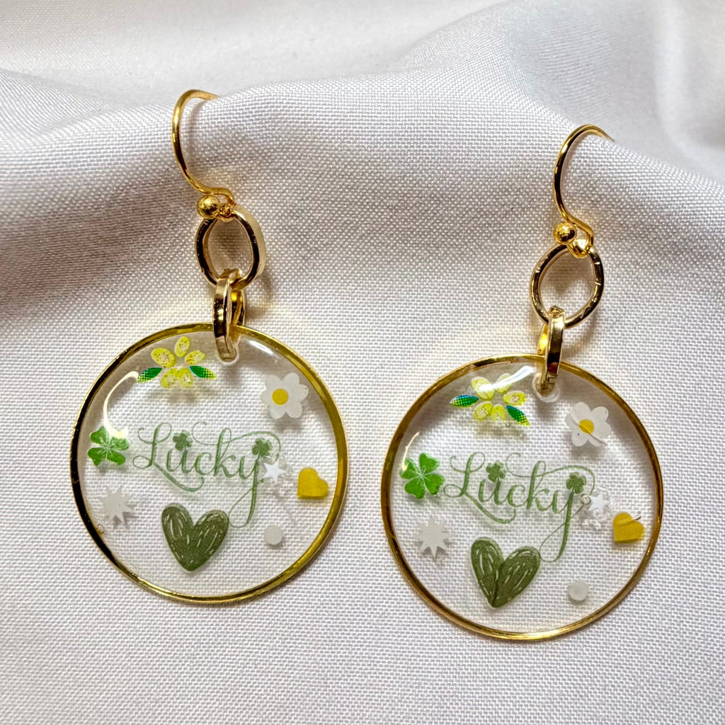 Lucky Clover Resin Earrings & Bracelet Set - Shamrock “Lucky” Disc Drops, Green White Beads + Free Stretch Ring St Patrick’s Day by SublimeDesignsBySuzie in Ormond Beach - SublimeDesignsBySuzie