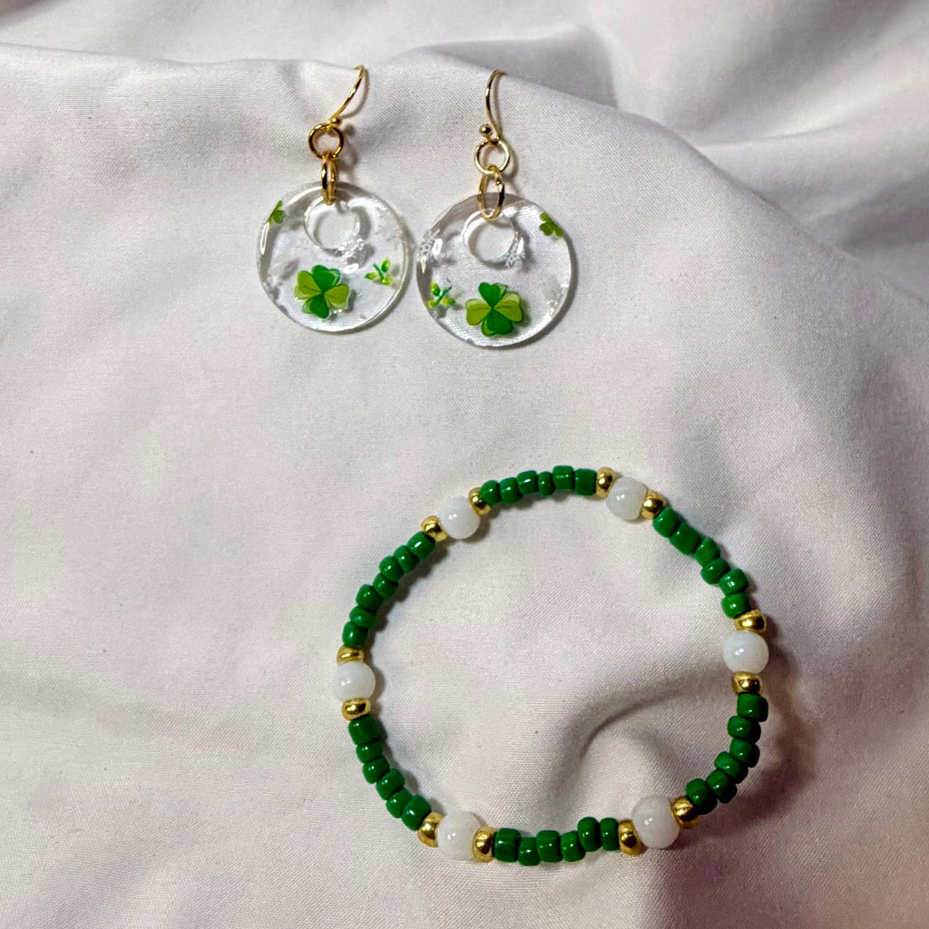 Lucky Shamrock St Pattys Day Resin Earrings & Beaded Bracelet Set - Green Four Leaf Clover Jewelry with Gold Accents + Free Stretch Ring by SublimeDesignsBySuzie in St Augustine - SublimeDesignsBySuzie