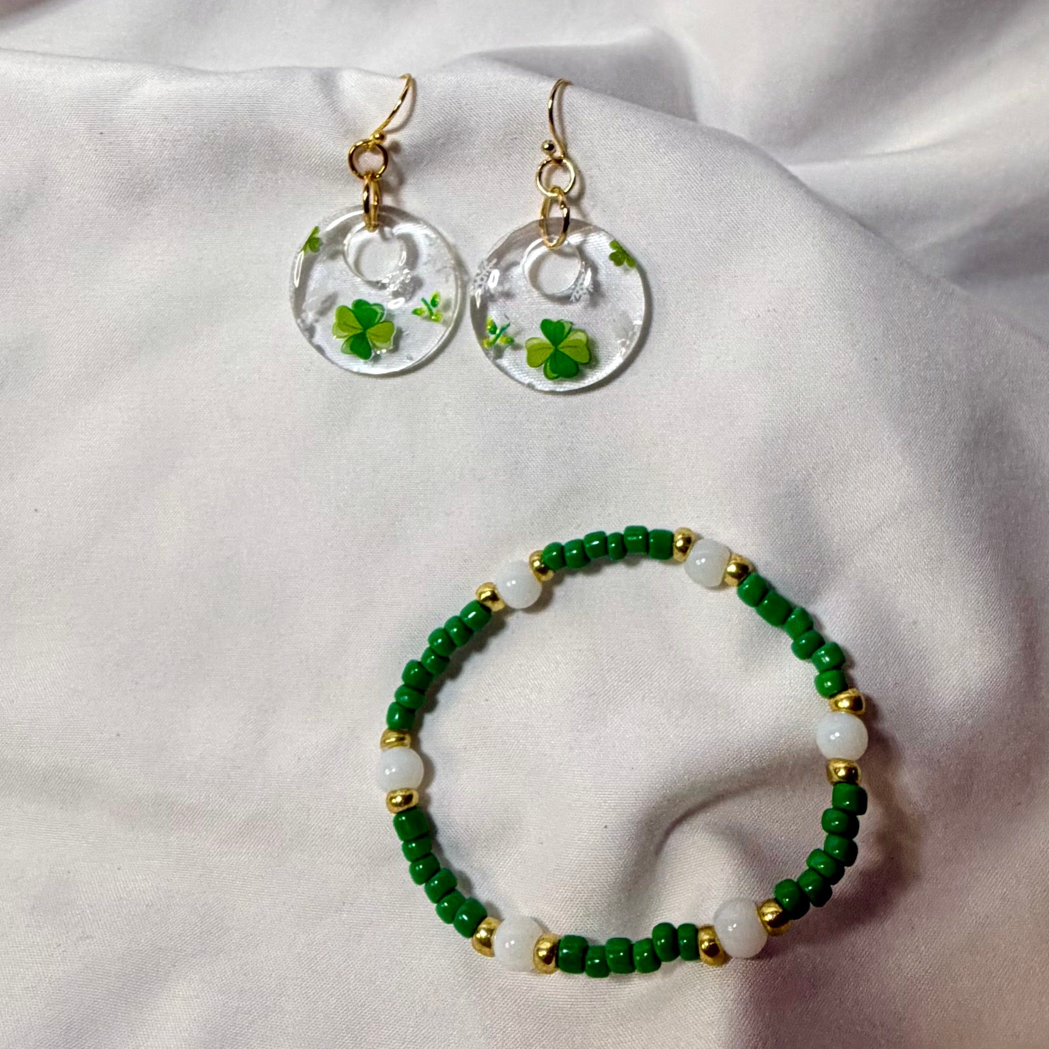 Lucky Shamrock St Pattys Day Resin Earrings & Beaded Bracelet Set - Green Four Leaf Clover Jewelry with Gold Accents + Free Stretch Ring by SublimeDesignsBySuzie in St Augustine - SublimeDesignsBySuzie