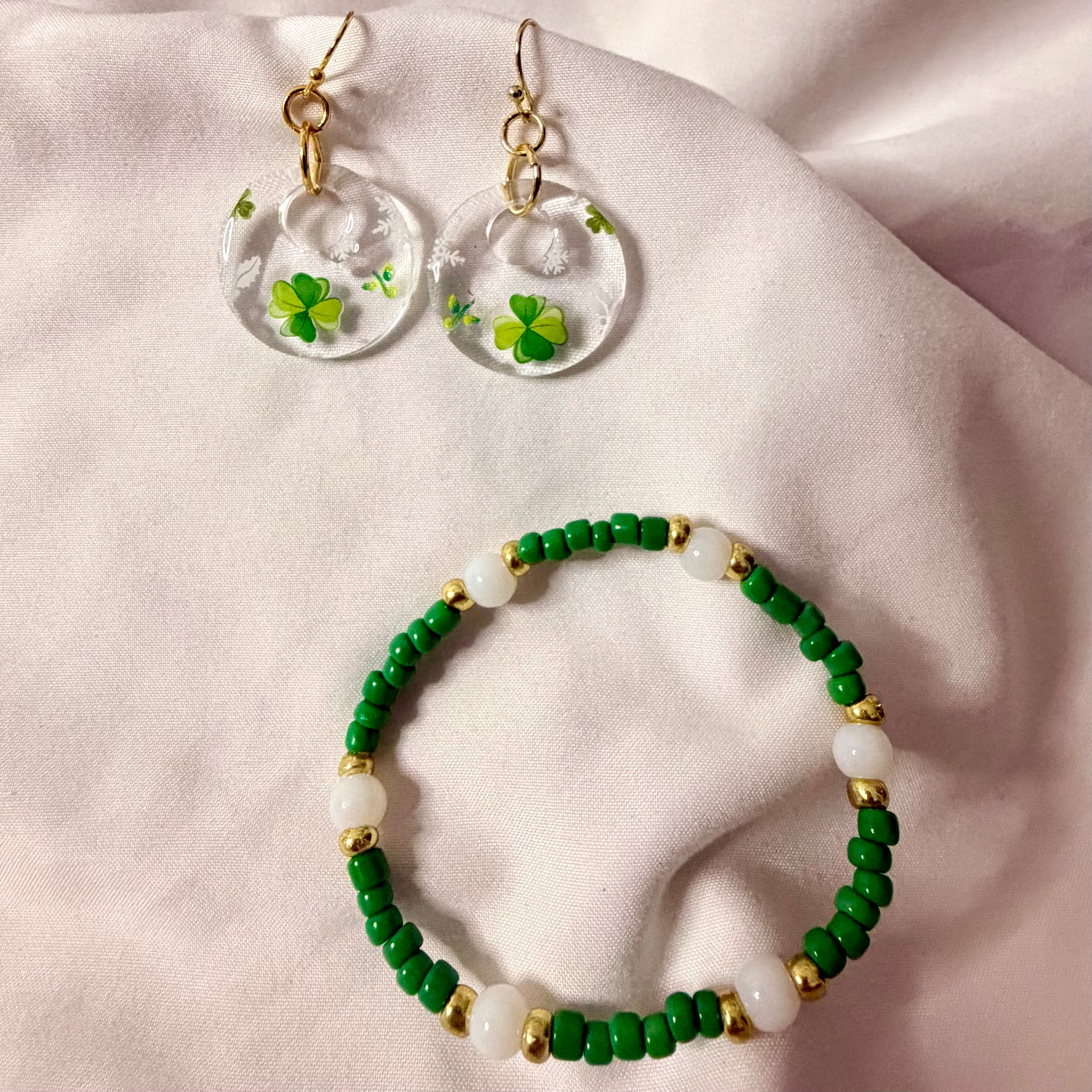 Lucky Shamrock St Pattys Day Resin Earrings & Beaded Bracelet Set - Green Four Leaf Clover Jewelry with Gold Accents + Free Stretch Ring by SublimeDesignsBySuzie in St Augustine - SublimeDesignsBySuzie