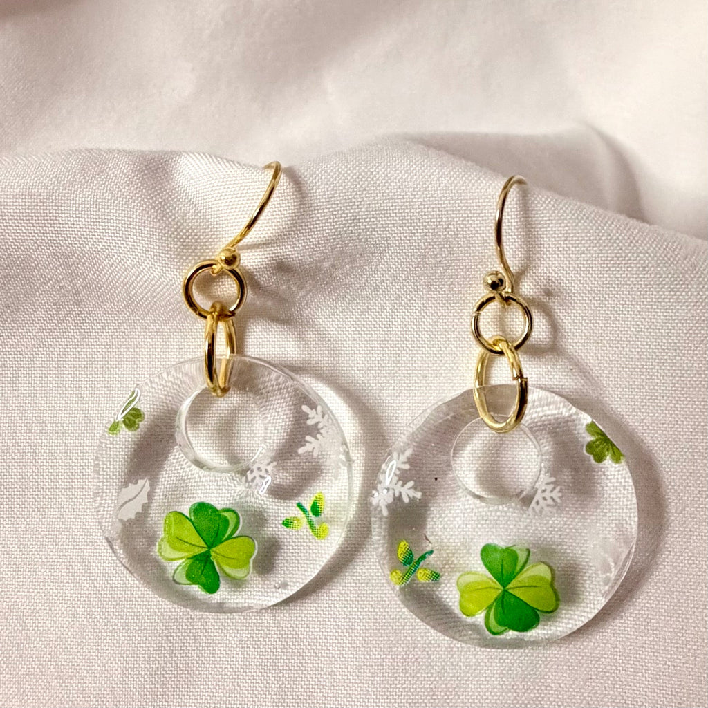 Lucky Shamrock St Pattys Day Resin Earrings & Beaded Bracelet Set - Green Four Leaf Clover Jewelry with Gold Accents + Free Stretch Ring by SublimeDesignsBySuzie in St Augustine - SublimeDesignsBySuzie