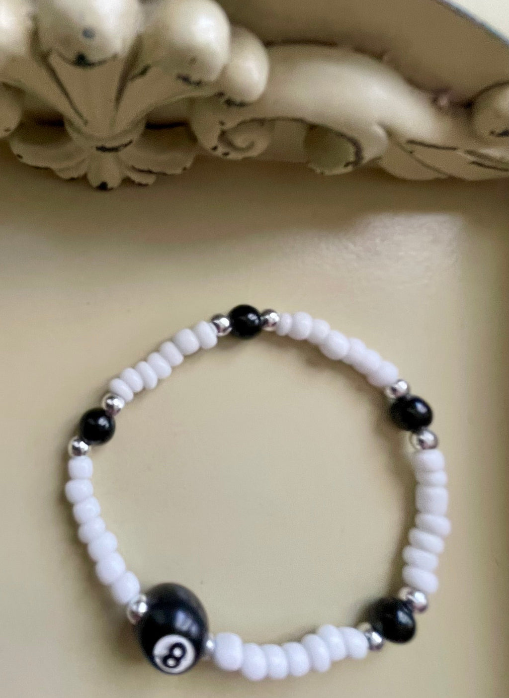 Magic 8 Ball Jewelry Set – Black White Beaded Bracelet & Dangle Earrings, Billiards Lucky Charm, Retro Y2K Handmade Gift - by Suzie with Sublime Designs - SublimeDesignsBySuzie