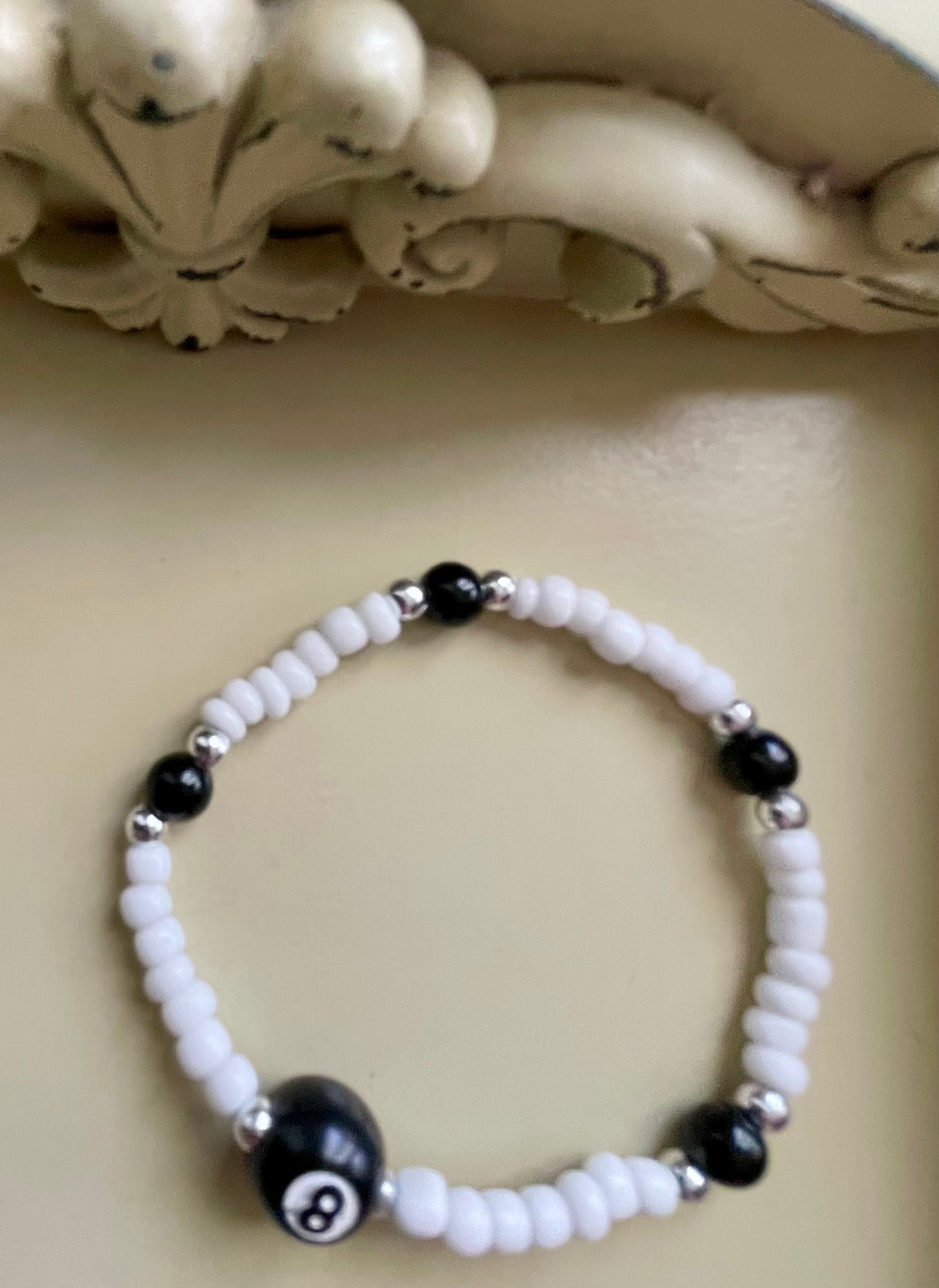 Magic 8 Ball Jewelry Set – Black White Beaded Bracelet & Dangle Earrings, Billiards Lucky Charm, Retro Y2K Handmade Gift - by Suzie with Sublime Designs - SublimeDesignsBySuzie