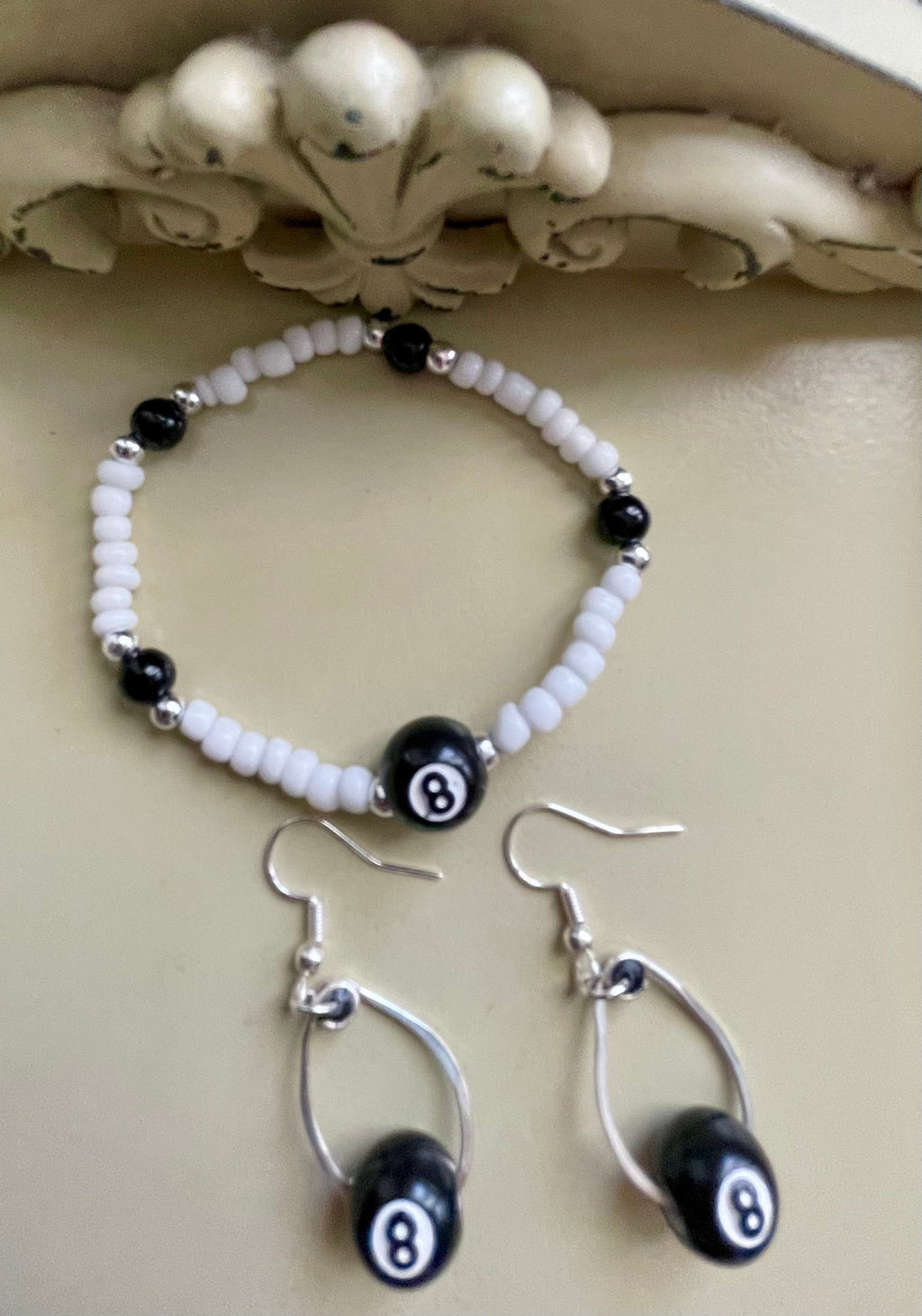 Magic 8 Ball Jewelry Set – Black White Beaded Bracelet & Dangle Earrings, Billiards Lucky Charm, Retro Y2K Handmade Gift - by Suzie with Sublime Designs - SublimeDesignsBySuzie