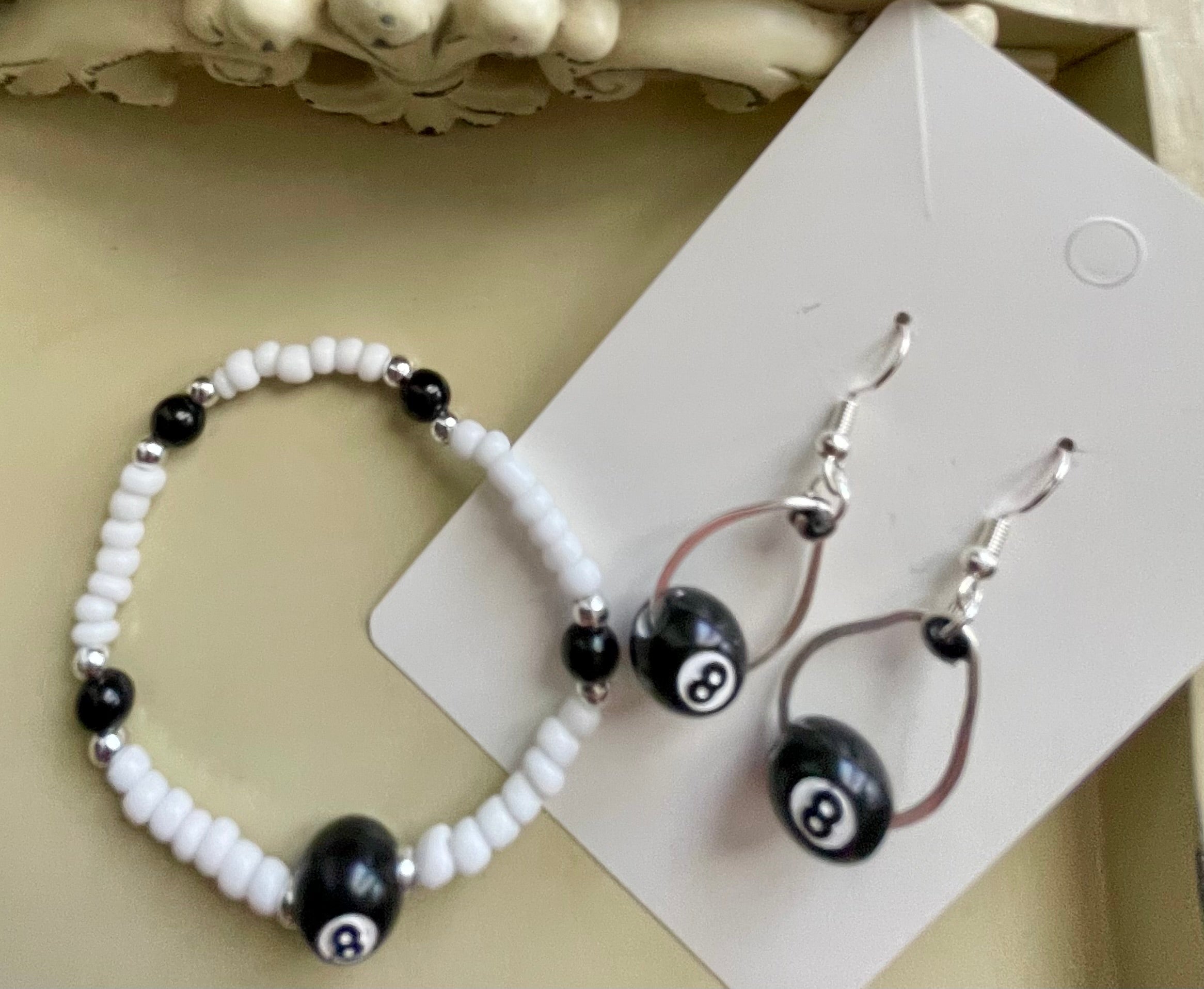 Magic 8 Ball Jewelry Set – Black White Beaded Bracelet & Dangle Earrings, Billiards Lucky Charm, Retro Y2K Handmade Gift - by Suzie with Sublime Designs - SublimeDesignsBySuzie