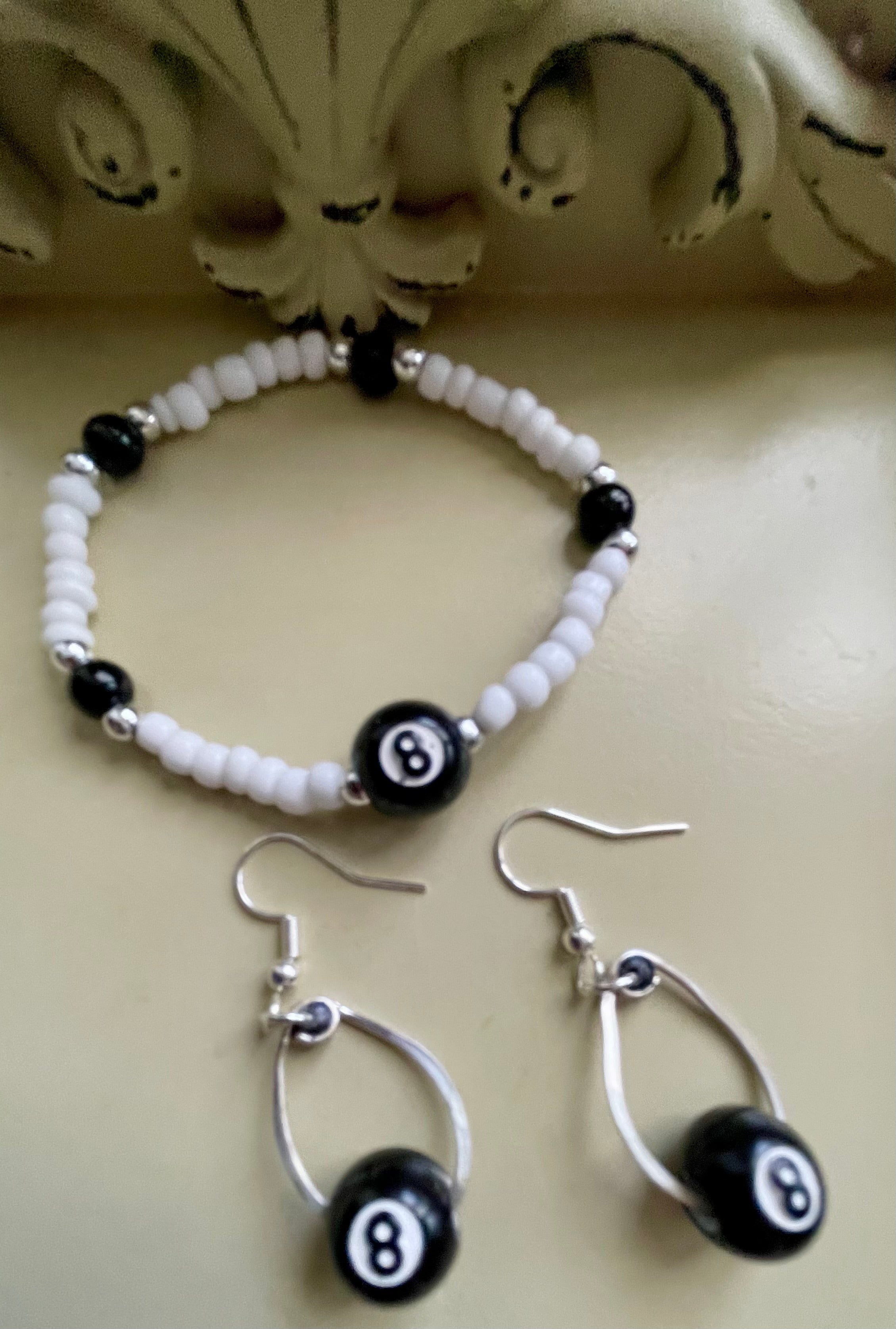 Magic 8 Ball Jewelry Set – Black White Beaded Bracelet & Dangle Earrings, Billiards Lucky Charm, Retro Y2K Handmade Gift - by Suzie with Sublime Designs - SublimeDesignsBySuzie