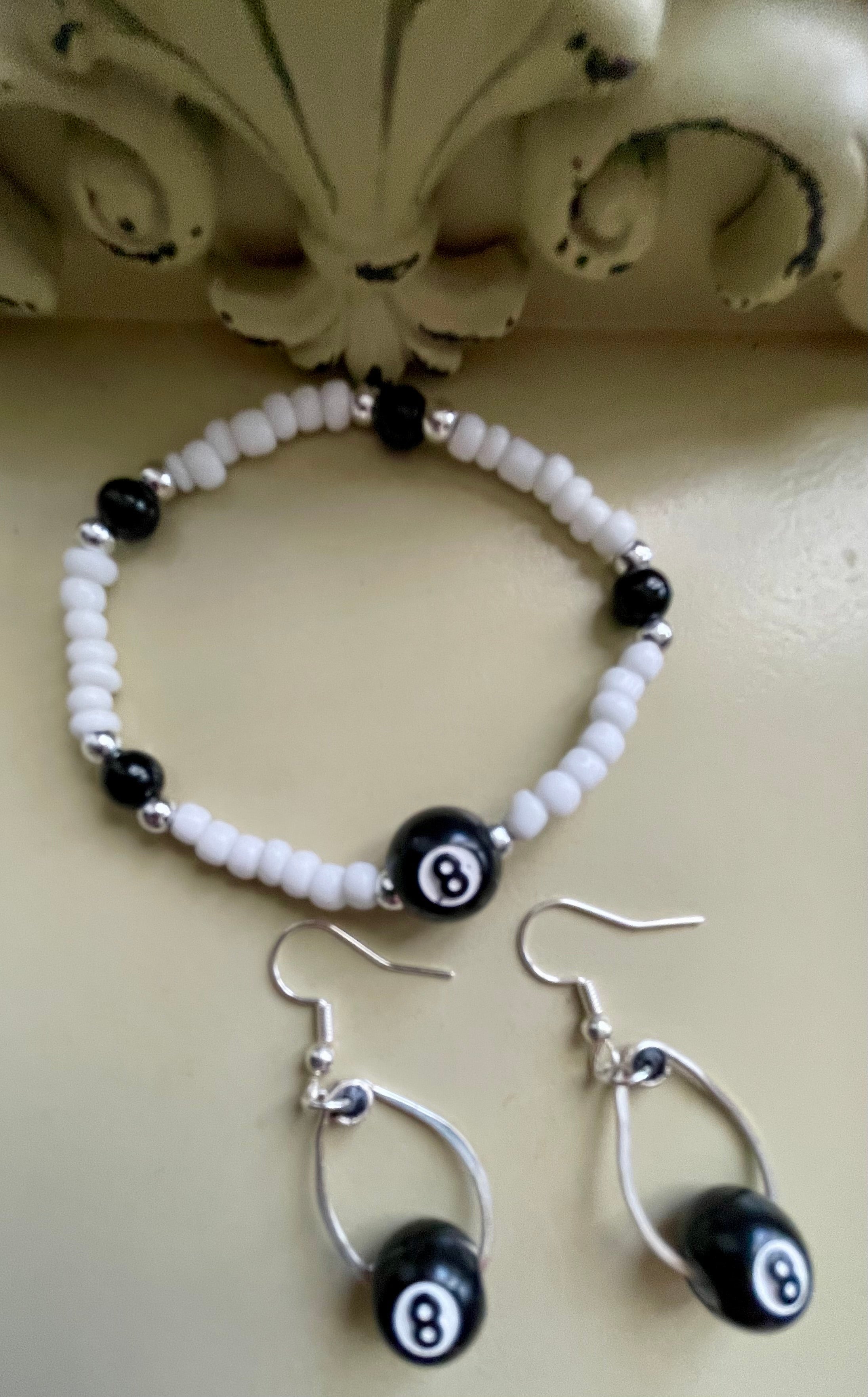 Magic 8 Ball Jewelry Set – Black White Beaded Bracelet & Dangle Earrings, Billiards Lucky Charm, Retro Y2K Handmade Gift - by Suzie with Sublime Designs - SublimeDesignsBySuzie