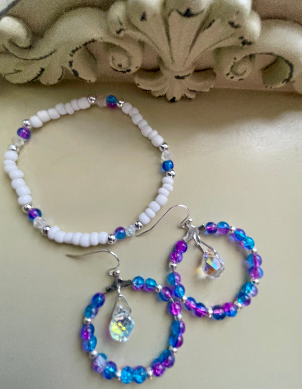 Mermaid Iridescent Crystal Hoop Earrings & White Beaded Bracelet Set – AB Coated Blue Purple Teal Prism Dangles, Rainbow Sparkle Jewelry Handmade Gift - SublimeDesignsBySuzie